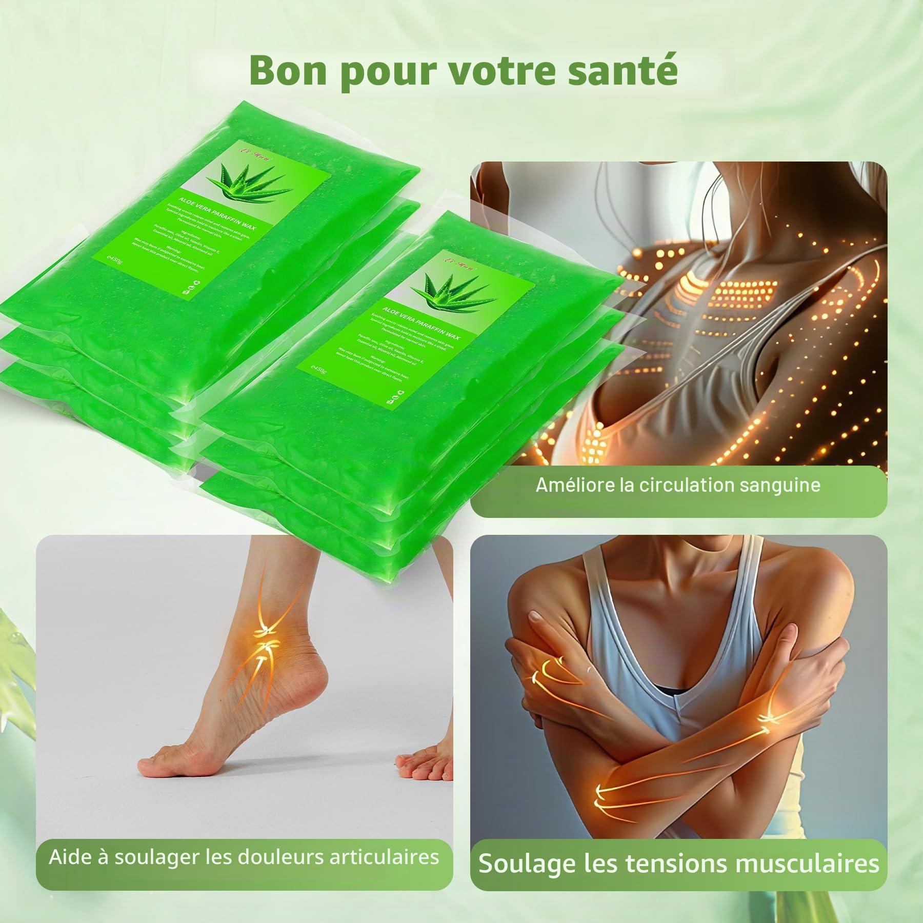 6 Packs Cire de paraffine, 2700g Recharge Aloe vera Blocs de cire de paraffine pour bain de paraffine mains et pieds, Soulage la fatigue musculaire, Hydrate et Nourrit