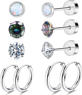 Hypoallergenic Titanium Earrings - Flat Back 20G Stud Earrings and Hoop Earrings with Opal Ball and Cubic Zirconia - Pure G23 Titanium Cartilage Earrings for Sensitive Ears
