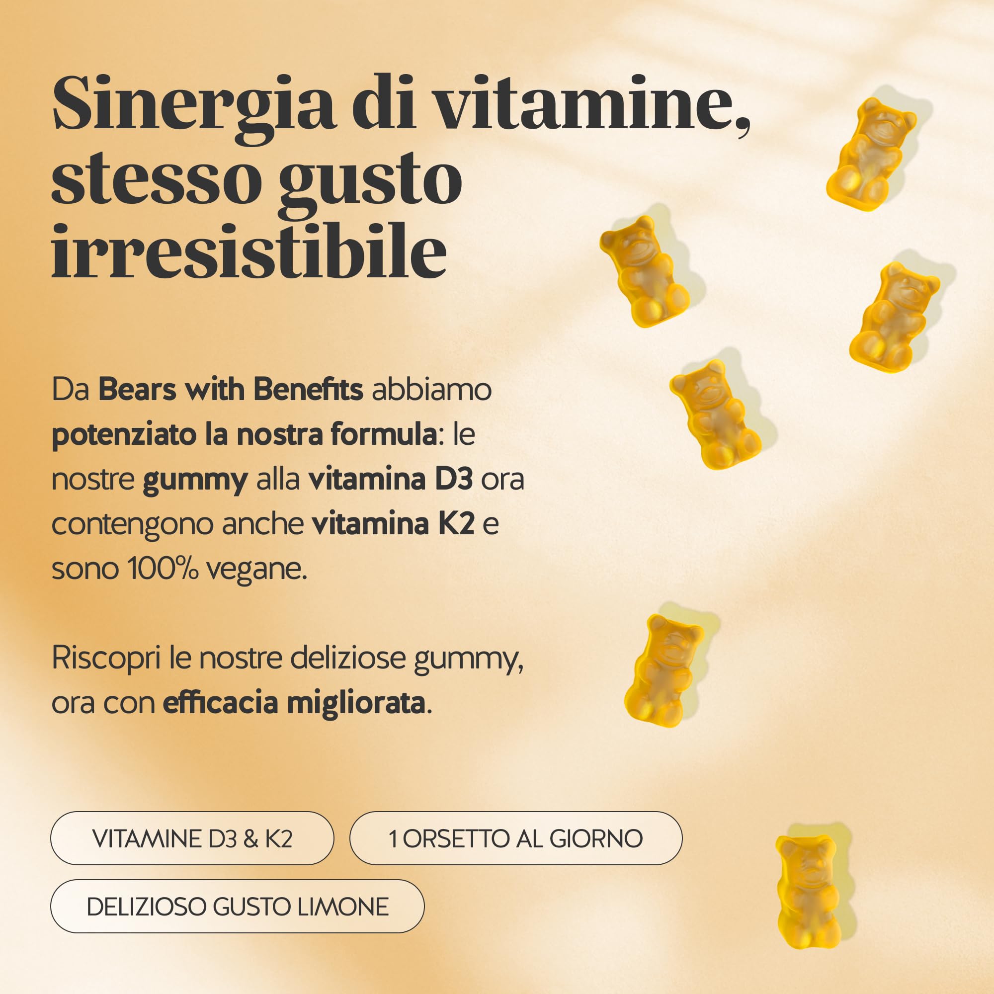 Vitamina D3 K2 - Hey Sunshine – Caramelle gommose con Vitamina D3 25 µg (1000 UI) e K2 – Funzione normale del sistema immunitario – 30 pezzi (1 mese) – Senza zucchero, Vegane – Bears with Benefits