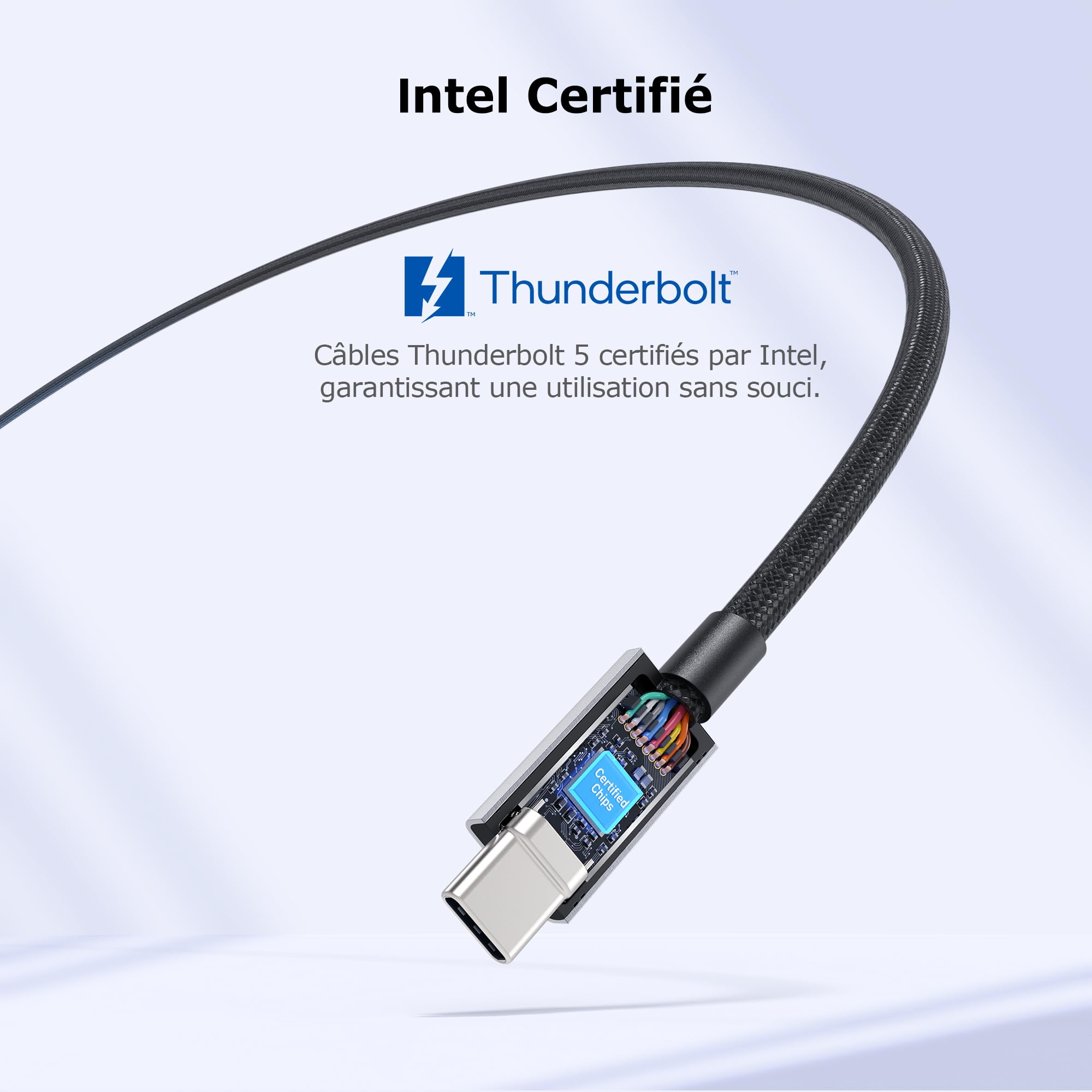 Cable Matters [Certifié Intel] Câble tressé Thunderbolt 5 80Gbps avec jusqu'à 120Gbps de bande passante et 240W de charge en noir - 1m, compatible avec Thunderbolt 4/3, USB4, et USB-C