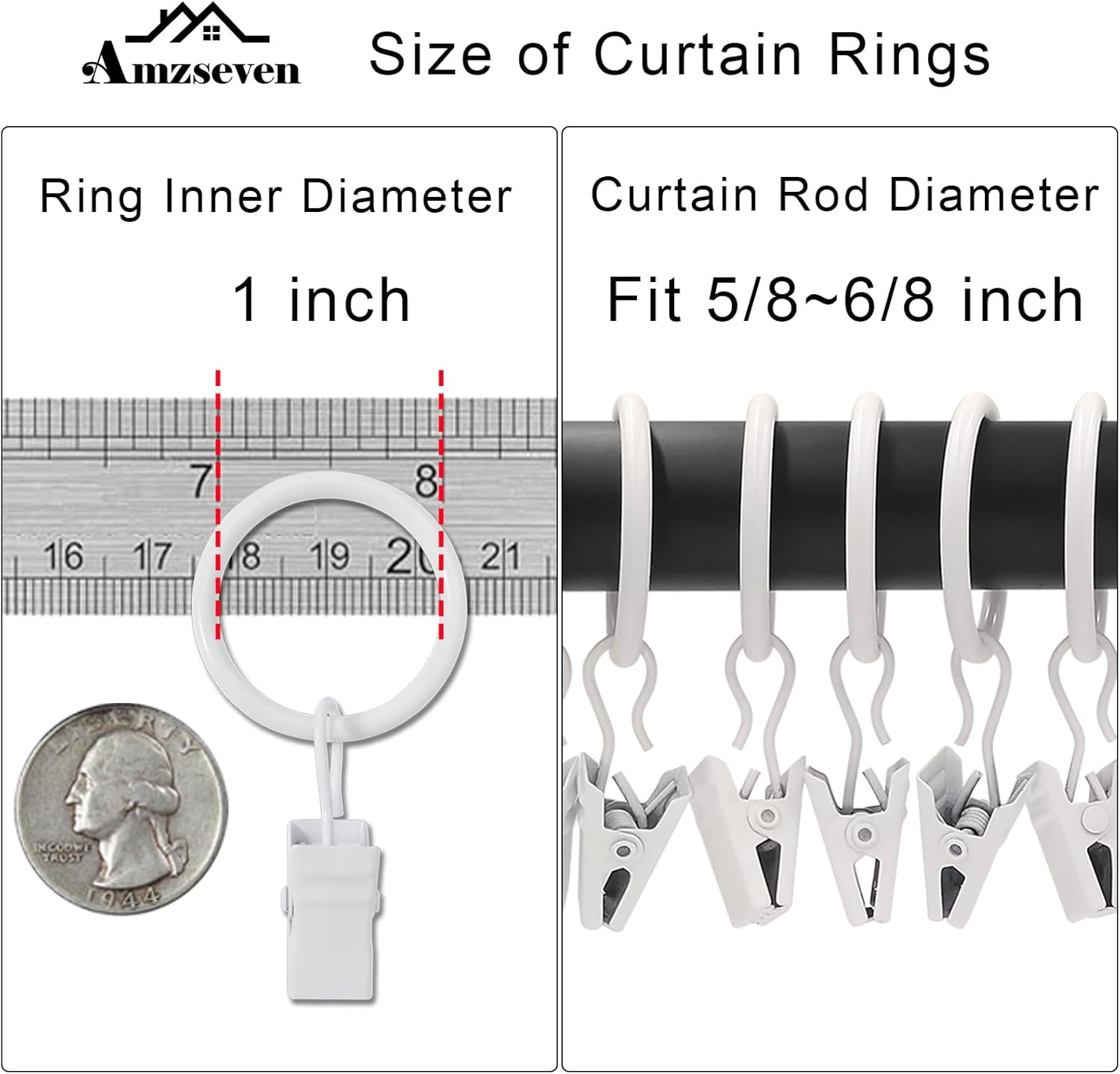 100 Pack Metal Curtain Rings with Clips, Drapery Clips with Rings, Drapes Rings 1 inch Inner Diameter, Fits Diameter 5/8 inch Curtain Rods, White