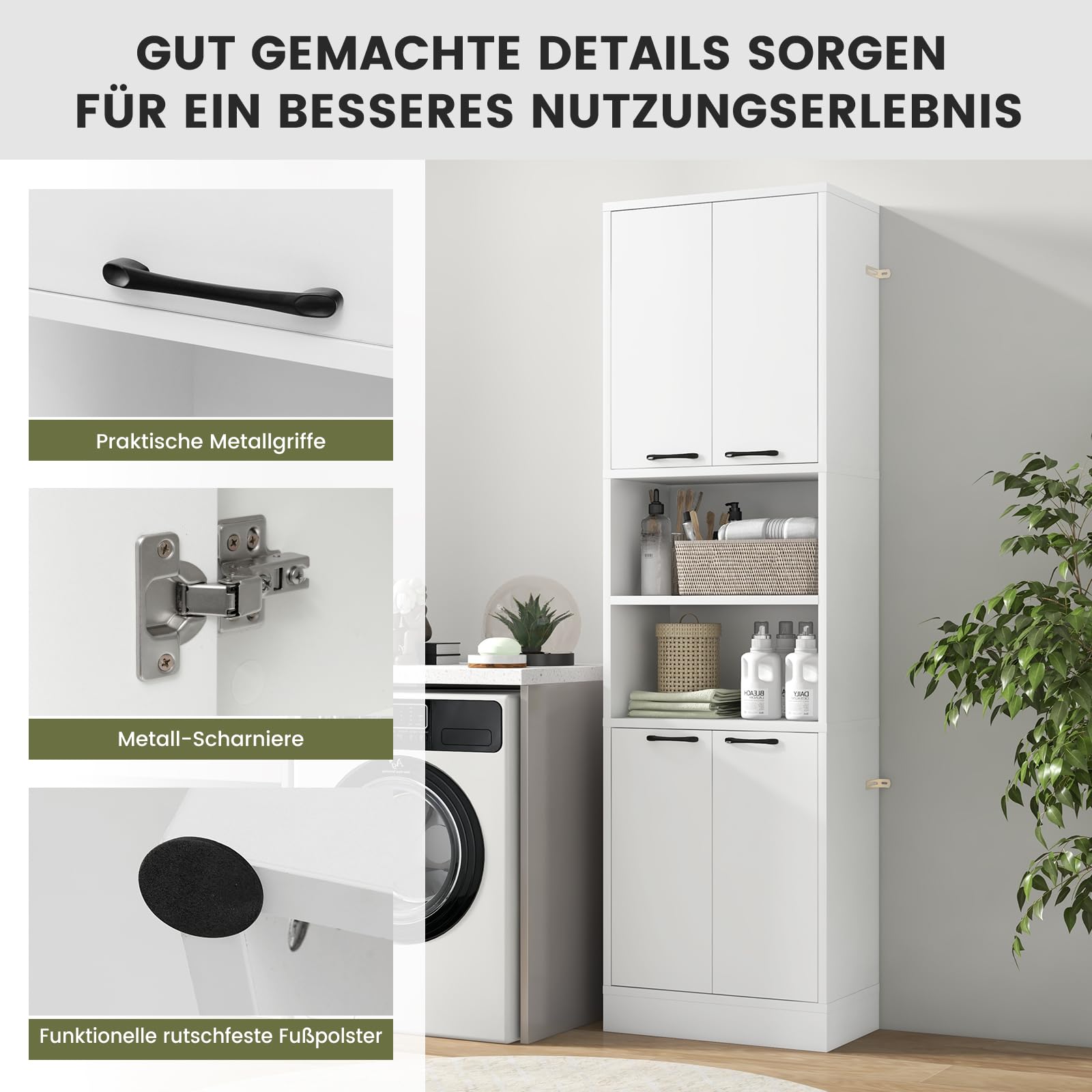 GIANTEX Badschrank Hochschrank, Badezimmerschrank 190 cm Hoch, Badkommode Aufbewahrungsschrank 6 Regalen & 4 Türen, Mehrzweckschrank Sideboard Küchenschrank Vorratsschrank 56x30x190 cm (Weiß)