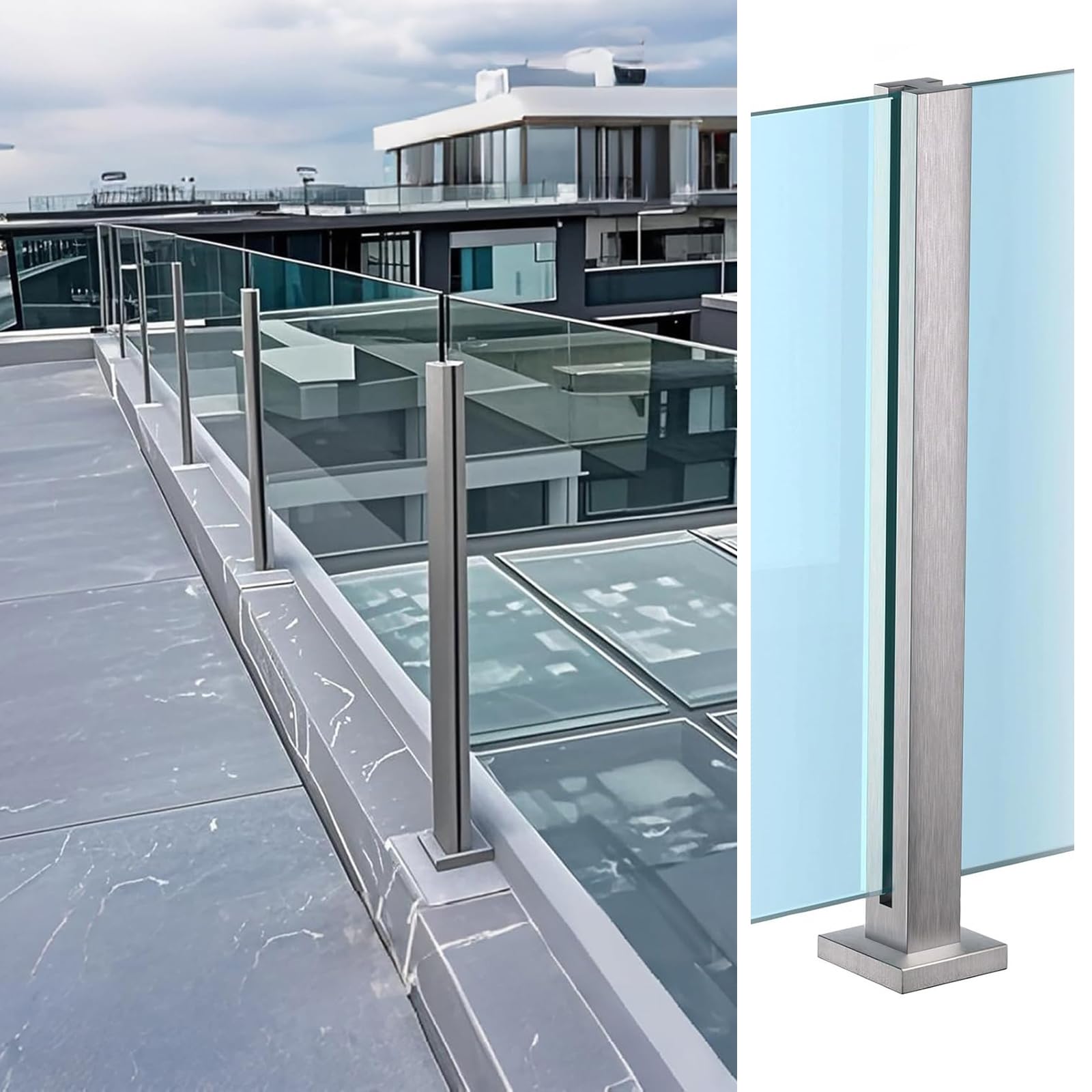 Palo per ringhiera in vetro, 33/37/41 pollici, senza perforazione per ringhiera in vetro in acciaio inox 304 con fessure e base, per balaustre da ponte, balcone,Silver~mid post,95cm