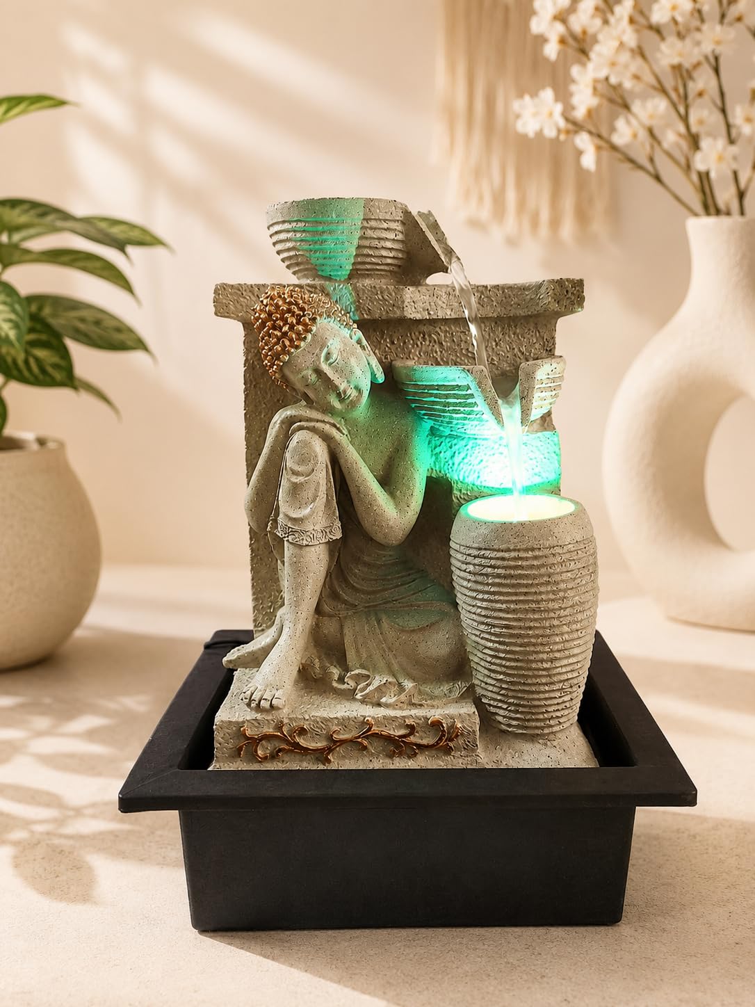 CHRONIKLE Polyresin Elegant Buddha Tabletop Indoor Waterfall Fountain for Home Office Decor with LED Light Water Flow Control Pump (CW FT 11444 Cream_M)-image-30