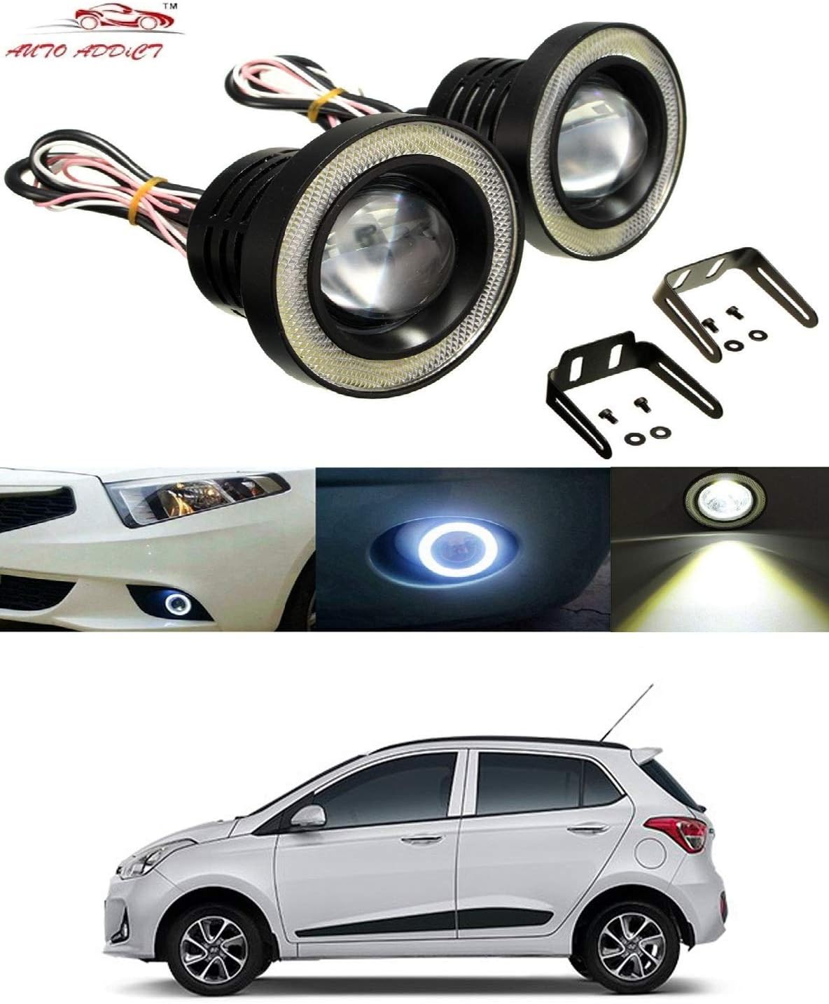 AUTOADDICT Car LED Fog Lights 3.5" High Power Led Projector Lamps Cob with White Angel Lights Eye Ring for Grand i10