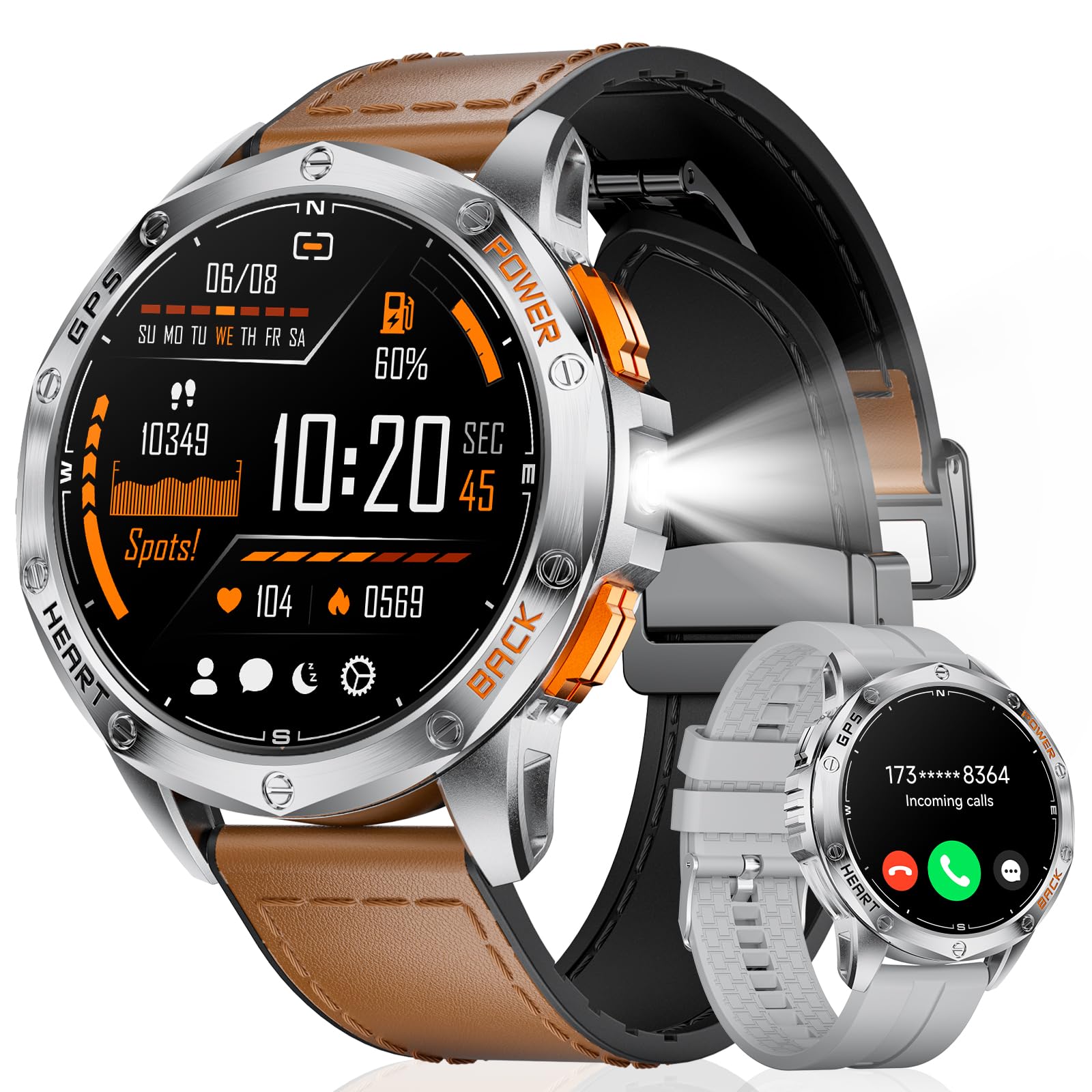 ESFOE Smartwatch Uomo GPS Militare Impermeabile 10ATM con Torcia LED 1,43" AMOLED Display Rugged Smartwatch Orologio con Chiamate Bluetooth, Altitudine, Pressione, Bussola, 530mAh per Android iOS