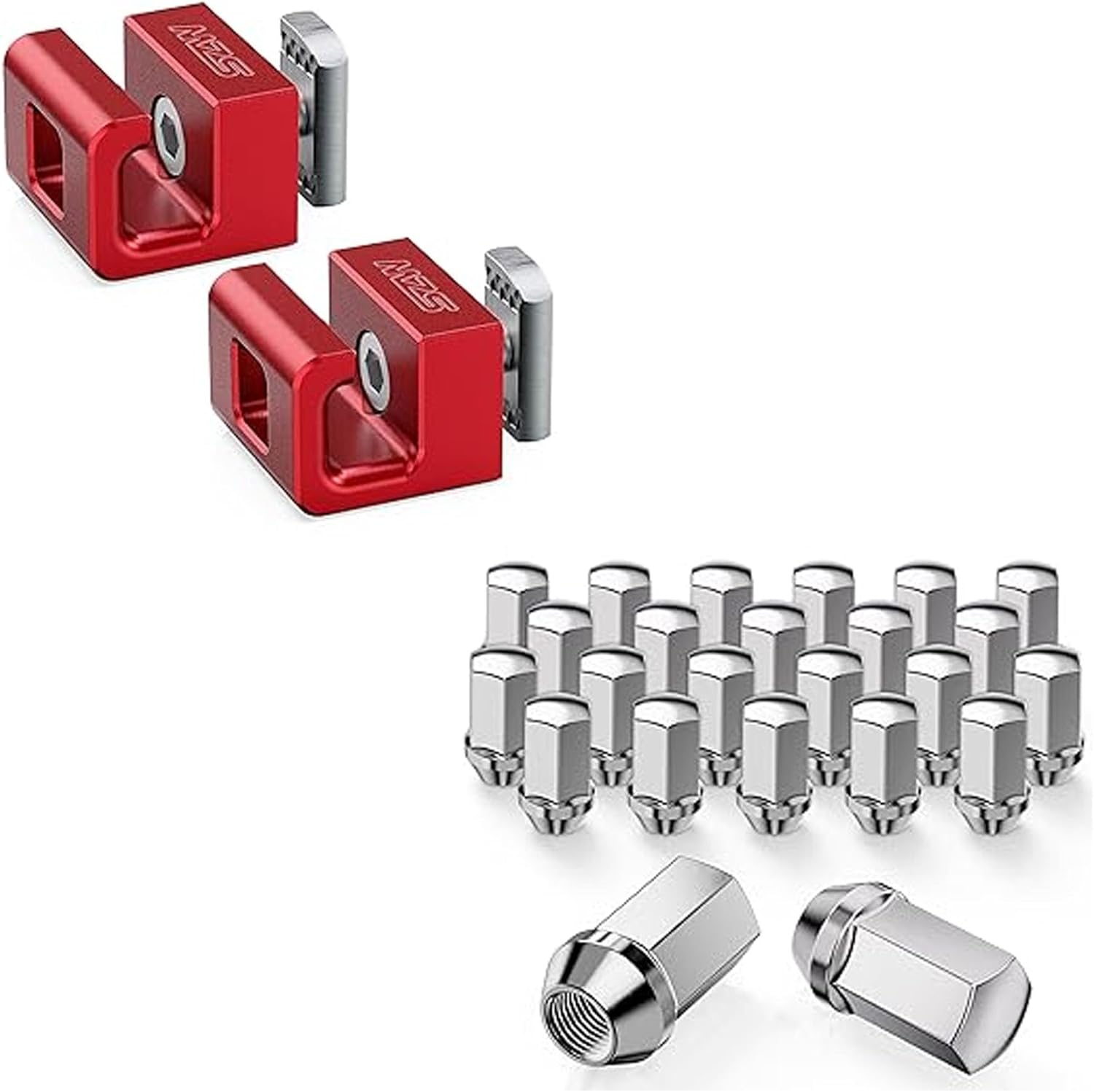 MZS Tie Down Hooks Red 2pcs + Lug Nuts Compatible with Silverado Sierra Ram 1500 2500 3500