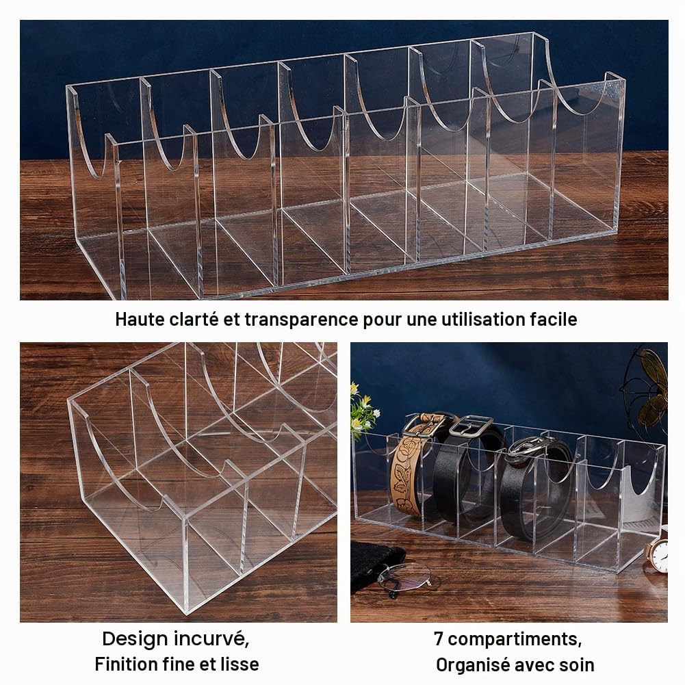 PH PandaHall Organisateur de Ceinture en Acrylique, 7 compartiment Présentoir de Ceinture Support de Rangement Vitrine Transparente pour Hommes Femmes Cravates Bijoux Montres Bracelets,37.5x14x12cm
