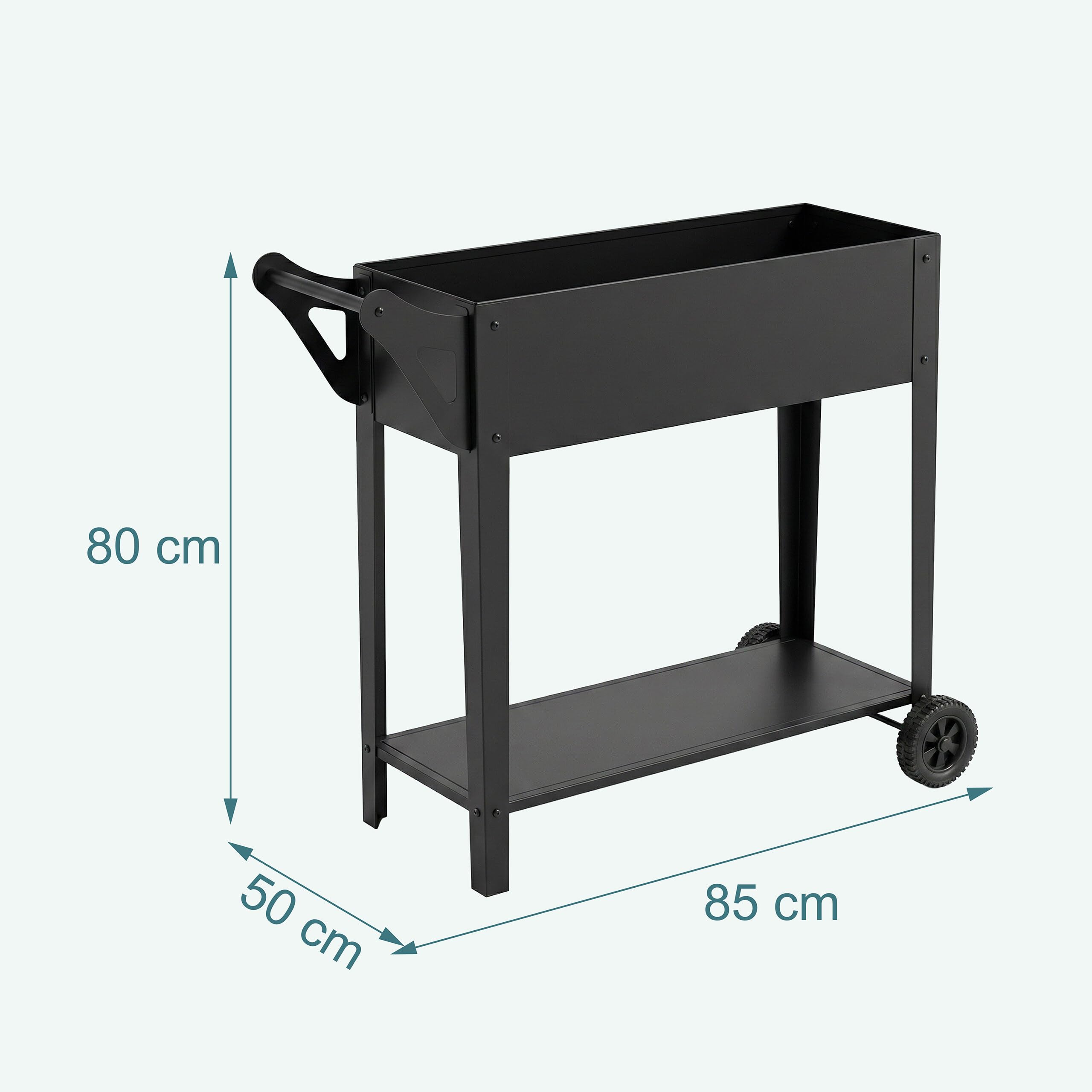 Relaxdays Jardinera elevada con Estante, 2 Ruedas, jardín, balcón y terraza, 80 x 85 x 50 cm, Jardinera móvil, Negro