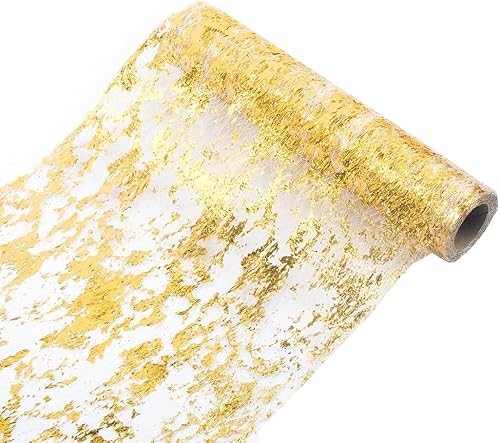 Camino de mesa dorado, rollo de mesa de malla fina dorada metálica con purpurina y lentejuelas de 49 pies, decoración de mesa dorada para fiestas de