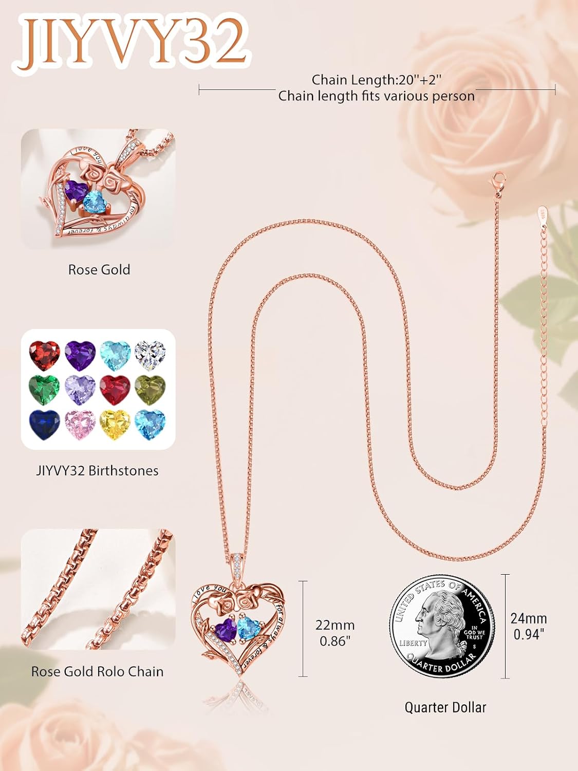 Rose Gold Heart Birthstone Necklace Gifts For Women,I Love You Forever With Double Birthstone,Wedding Anniversary Birthday Gifts for Her Wife Mom Daughter Grandma Sister