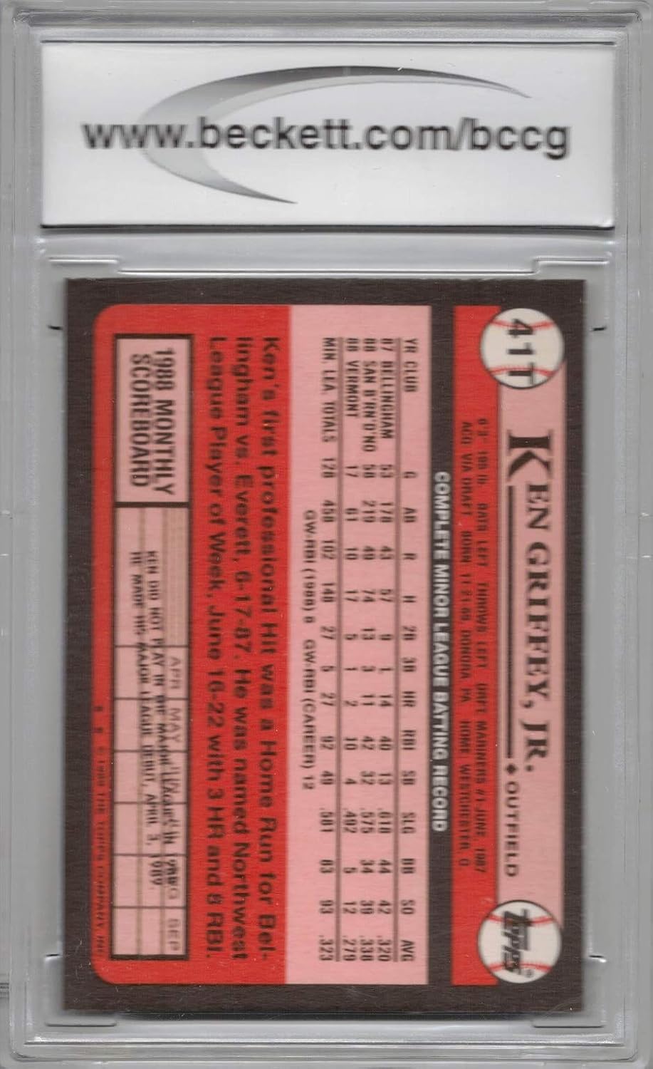 1989 Topps Traded Baseball #41T Ken Griffey Jr. Rookie Card Graded BCCG 10 Mint or Better