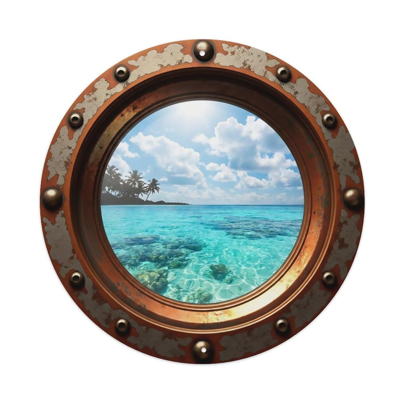 Vintage Porthole Tropical Paradise View Metal Tin Sign