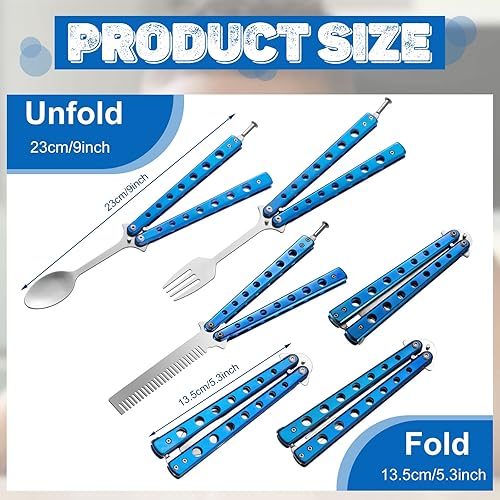 Miniatura 2 de Eaasty Juego de 3 piezas de peine de mariposa, tenedor y cuchara, cuchara plegable táctica de acero inoxidable para camping, caza, viajes al aire