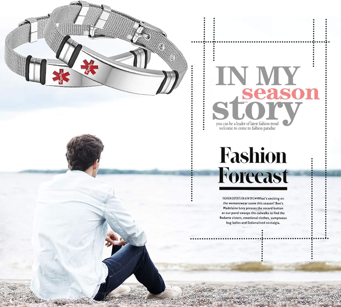 Flongo SOS Bracciale Medico In Acciaio Inox Argento Per Donna E Bambino - Tipo 2 Diabete - Catena A Maglia