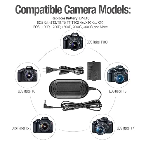 Miniatura 2 de ENEGON ACK-E10 Kit de batería falsa y adaptador de CA, repuesto para LP-E10, compatible con cámaras Canon EOS Rebel T7 T6 T5 T3, Kiss X50 X70 X80