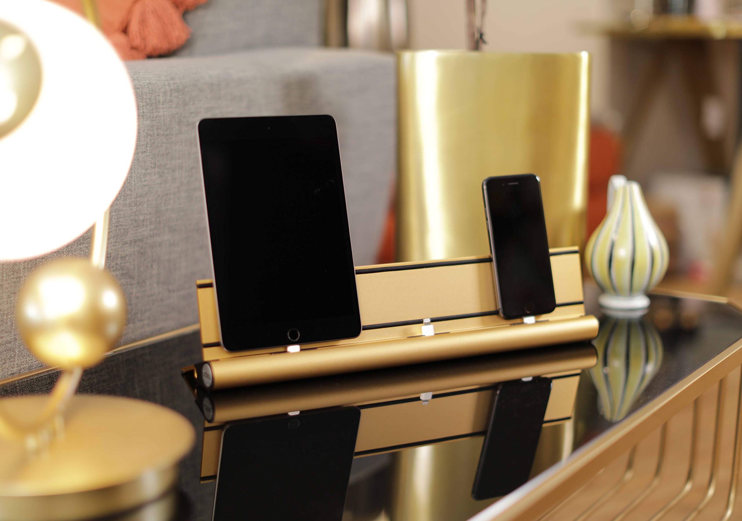 udoq 250 USB-C Ladestation aus Aluminium mit 2 Ladeplätzen und 68W Schnellladen, modulares Starter-Set erweiterbar, Ladehub für Smartphone & Mobile Geräte, Gold eloxiert