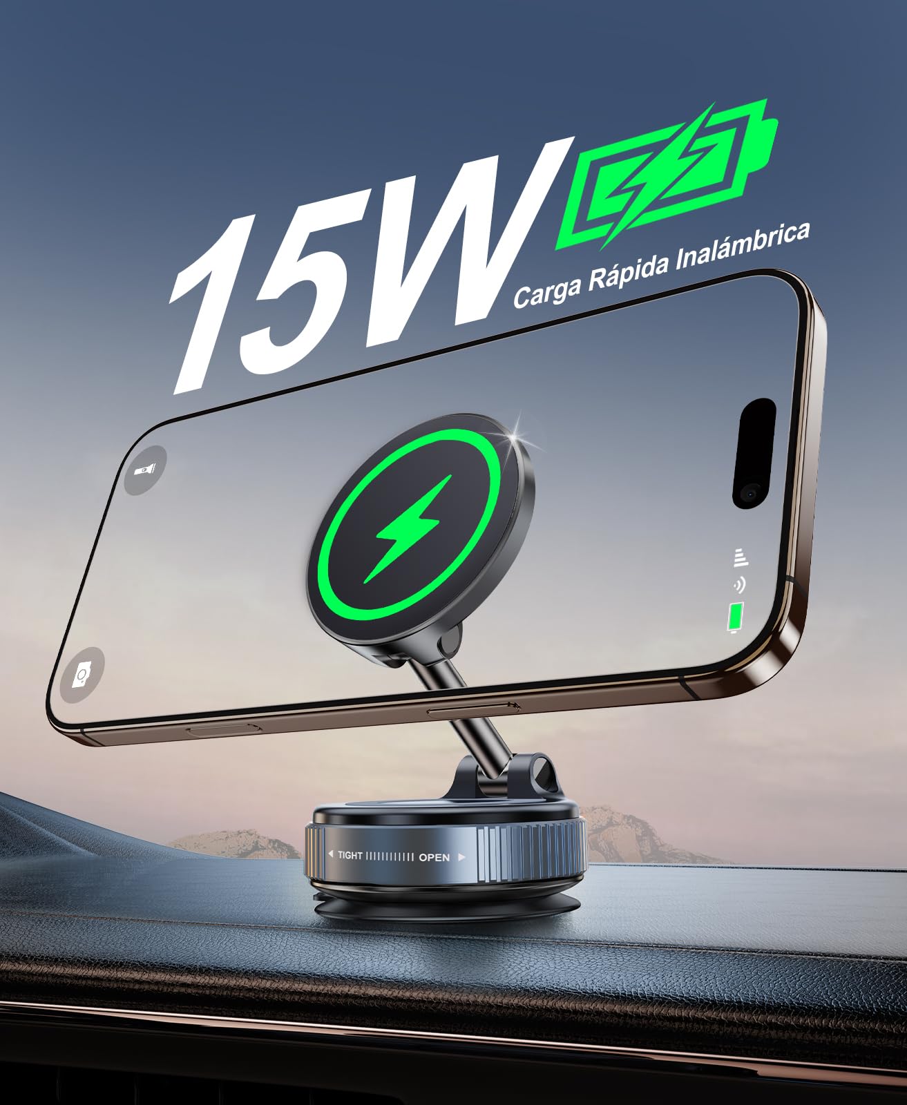 Beeasy Cargador Inalambrico Coche para Magsafe 15W, Magnetico Soporte Móvil Coche con Ventosa de Vacío, 360° Rotación Salpicadero Soporte Telefono para iPhone 17/16/15/14/13/12 Pro MAX, Negro