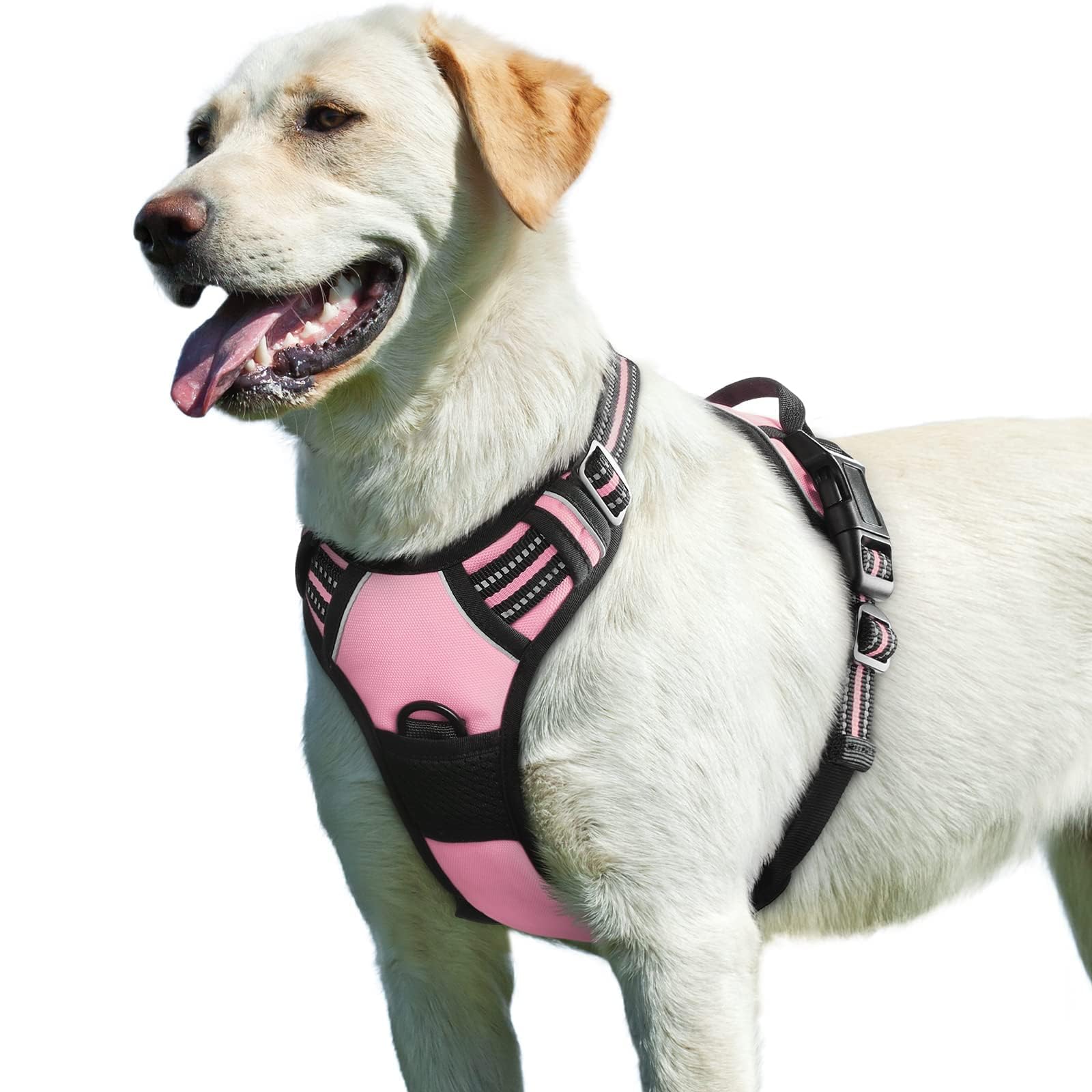 Eagloo Dog Harness for Large Dogs, No Pull Service Vest with Reflective Strips and Control Handle, Adjustable and Comfortable for Walking, No Choke Pet Harness with 2 Metal Rings, Pink, L
