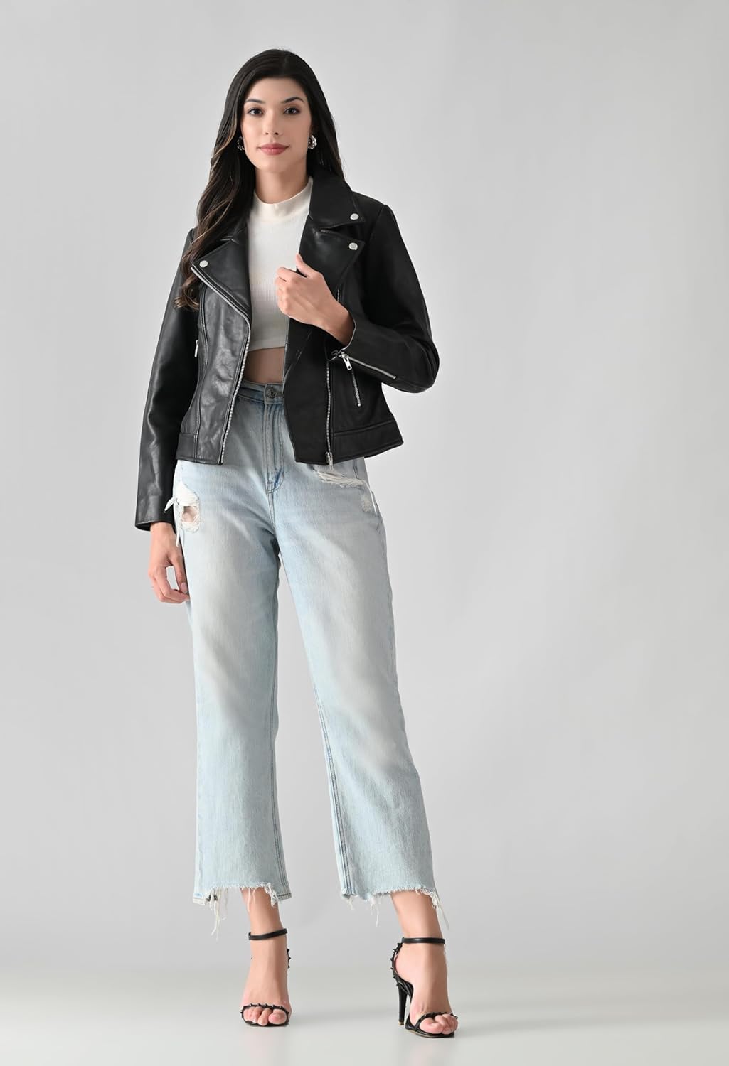 Women's Genuine Black Leather Biker Jacket – Stylish Moto Crop Fit with Zip Details - Image 6