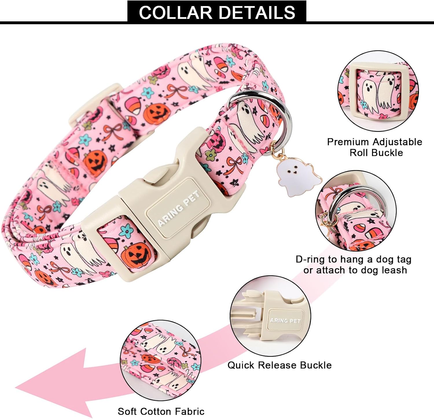 ARING PET Halloween Dog Collars, Cute Pink Pumpkin Ghost Flower Bowtie Pet Collar with Quick Release Buckle for Small Medium Large Girl Boy Dogs-XS image 4