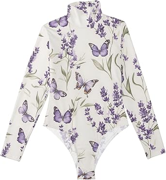 AIXIWAWA Turtle Neck Bodysuit for Women Butterfly Lavender Print, Mock Neck Long Sleeve Stretchy Jumpsuit S