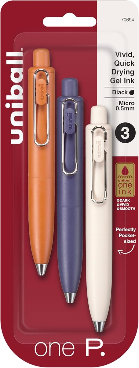 bolígrafos de gel uniball™ one P, 0,5 mm, mandarina, uva y yogur, tinta negra, paquete de 3 | Diseño de bolsillo, la tinta permanece encima de las fibras del papel para obtener líneas nítidas, clip de bolsillo de alambre, indicador de color en la parte superior, empuñadura de goma