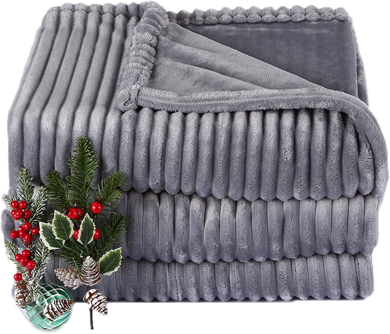 SUNNY HEAT 72″x84″ Full Size Heated Blanket, Striped Fabric Flannel with 1-12 Hours Timer Up & 10 Optional Heating Levels – Grey