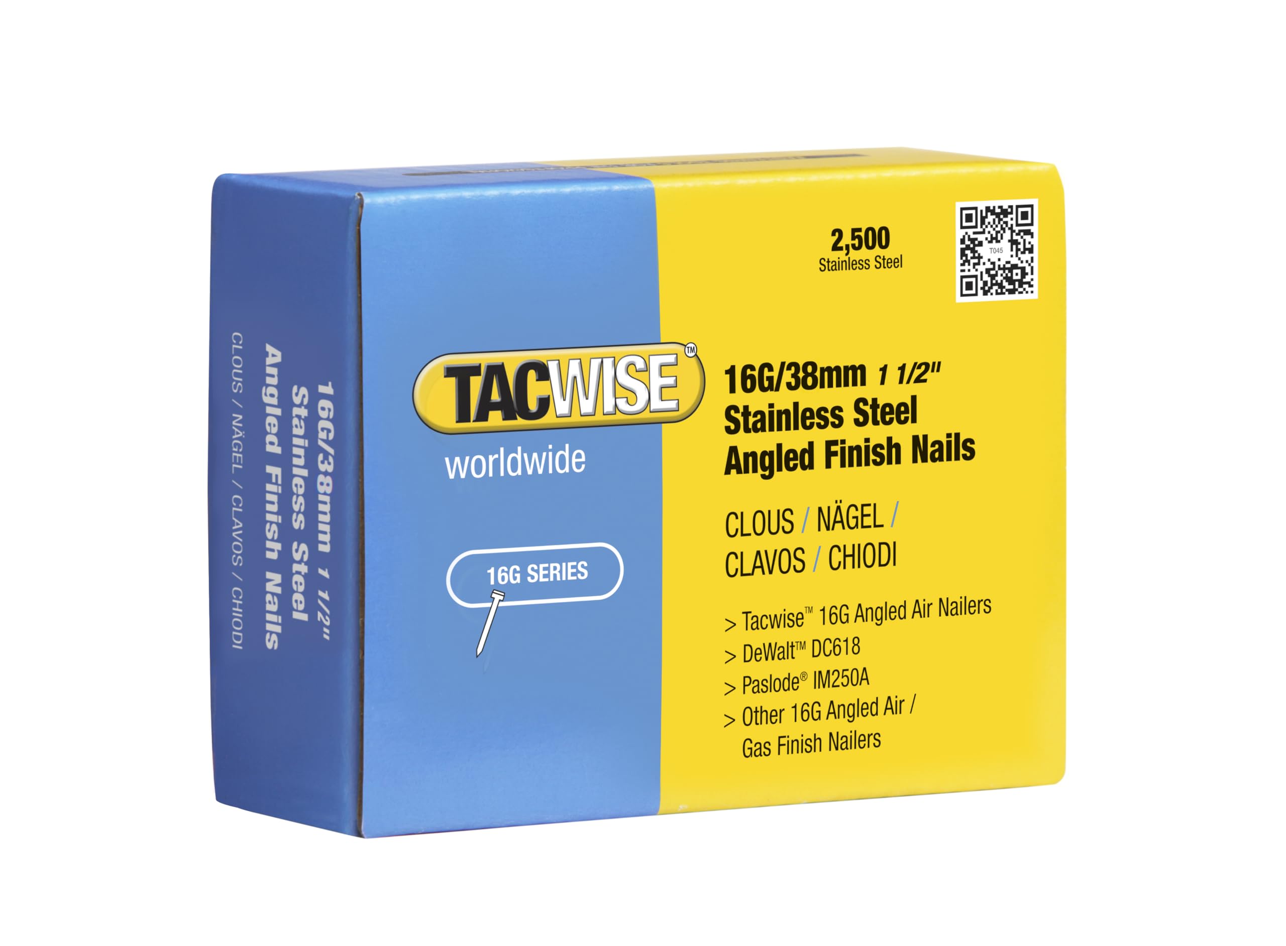 Tacwise 1223 Clavos de Acabado 16G / 38 mm, Acero inoxidable, Caja de 2500