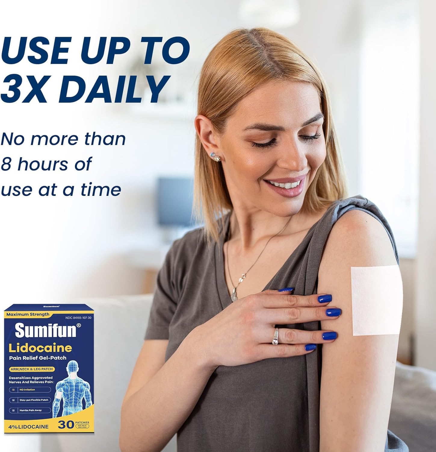 Sumifun Medium Size Lidocaine Patches - Plantar Fasciitis Relief, Foot & Neck & Arm & Small Pain Areas - Maximum OTC Strength - Stays in Place (Small, Count, 30)