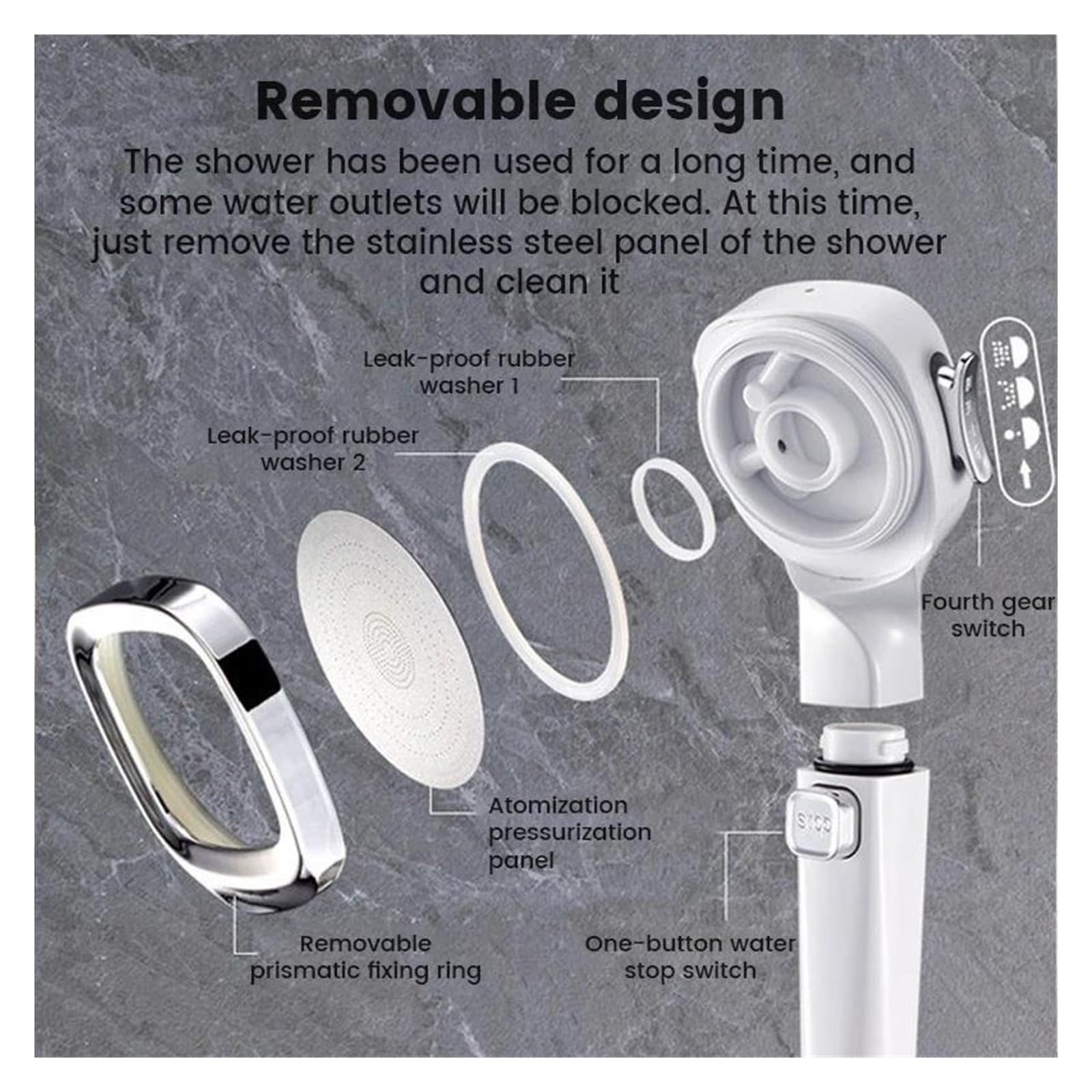 Soffione doccia ad alta pressione con risparmio idrico, 3 modalità di soffione doccia regolabili(Silver 3pcs set)