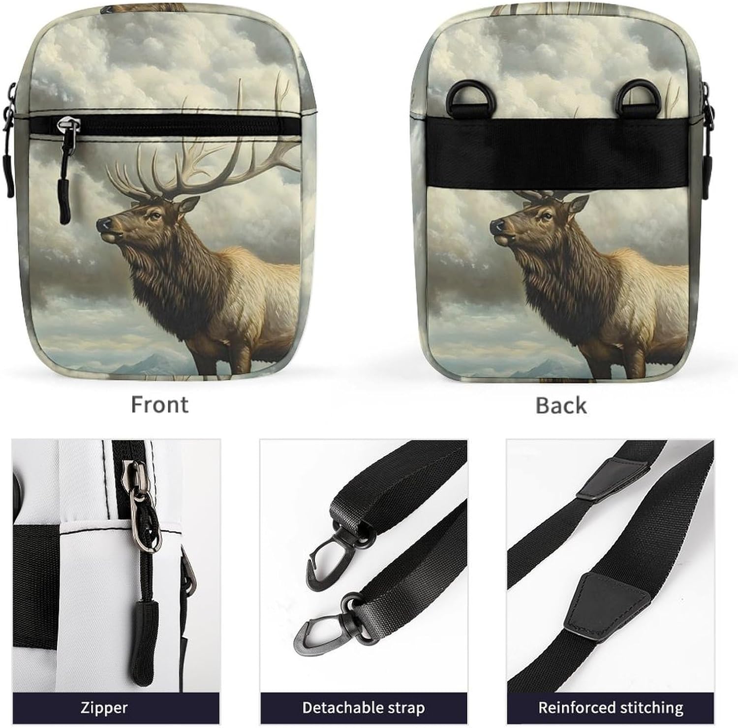 Deers Grassland Cumulus Clouds Small Crossbody Bag Sling Shoulder Satchel | for women men,work travel workout,detachable and adjustable shoulder strap