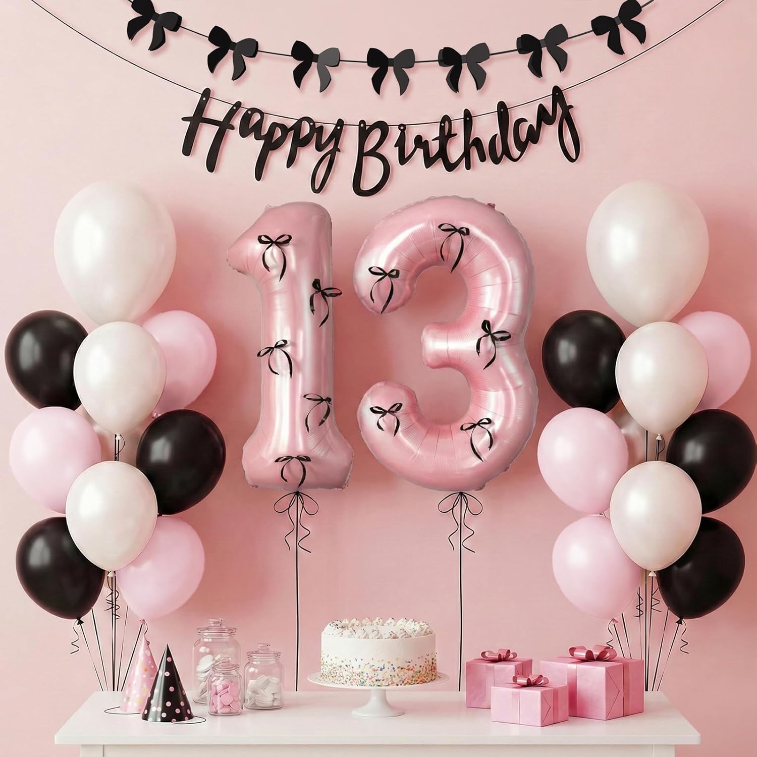 38Pcs Happy 13th Birthday Decorations for Girls White Pink and Black Birthday Balloons/13 Balloon Numbers/Black Happy Birthday Banner/Butterfly Banner, 13 Year Old Girl Birthday Party Decor Supplies