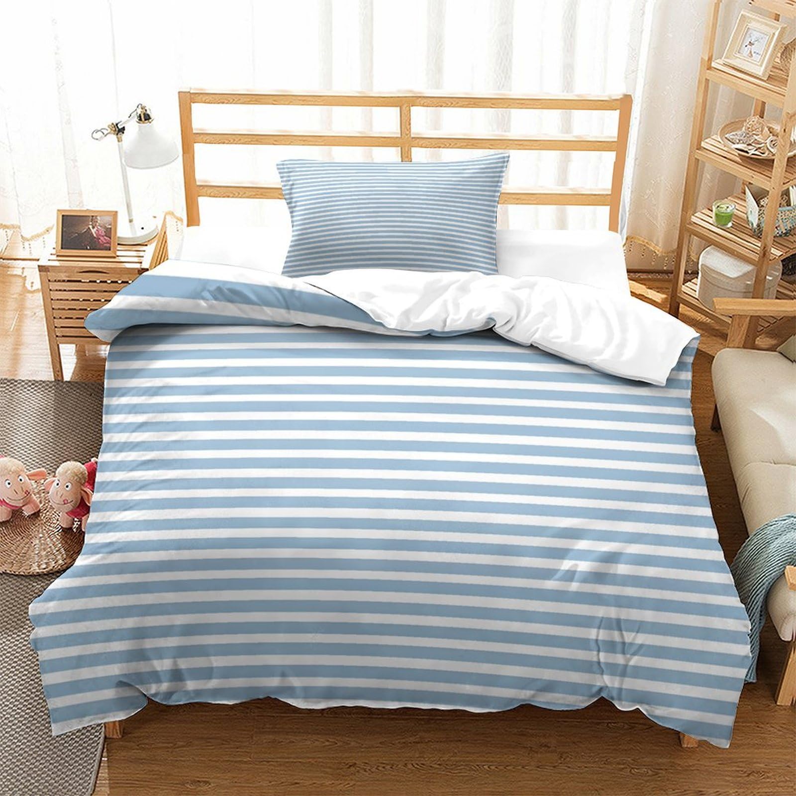 P1S9U7W5Y Minimalist Stripe 3D Printed Duvet Cover Set 3pcs Microfiber Blue White Striped Bedding Set Single（135x200cm）