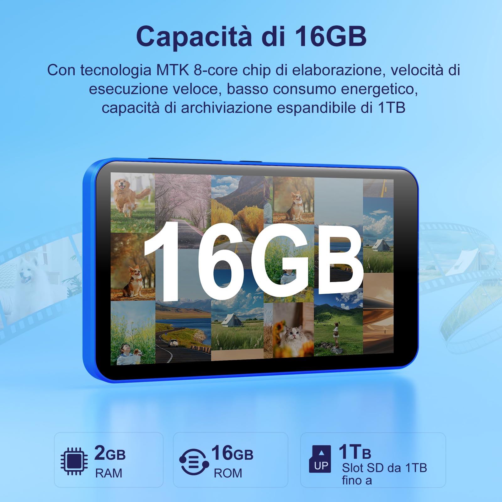Lettore MP3 da 16 GB con Bluetooth e Wi-Fi, lettore MP3 e MP4 Android con touchscreen da 4 pollici e altoparlante, lettore musicale Spotify da 2000 mAh con Spotify Kids, Audible, Amazon Music