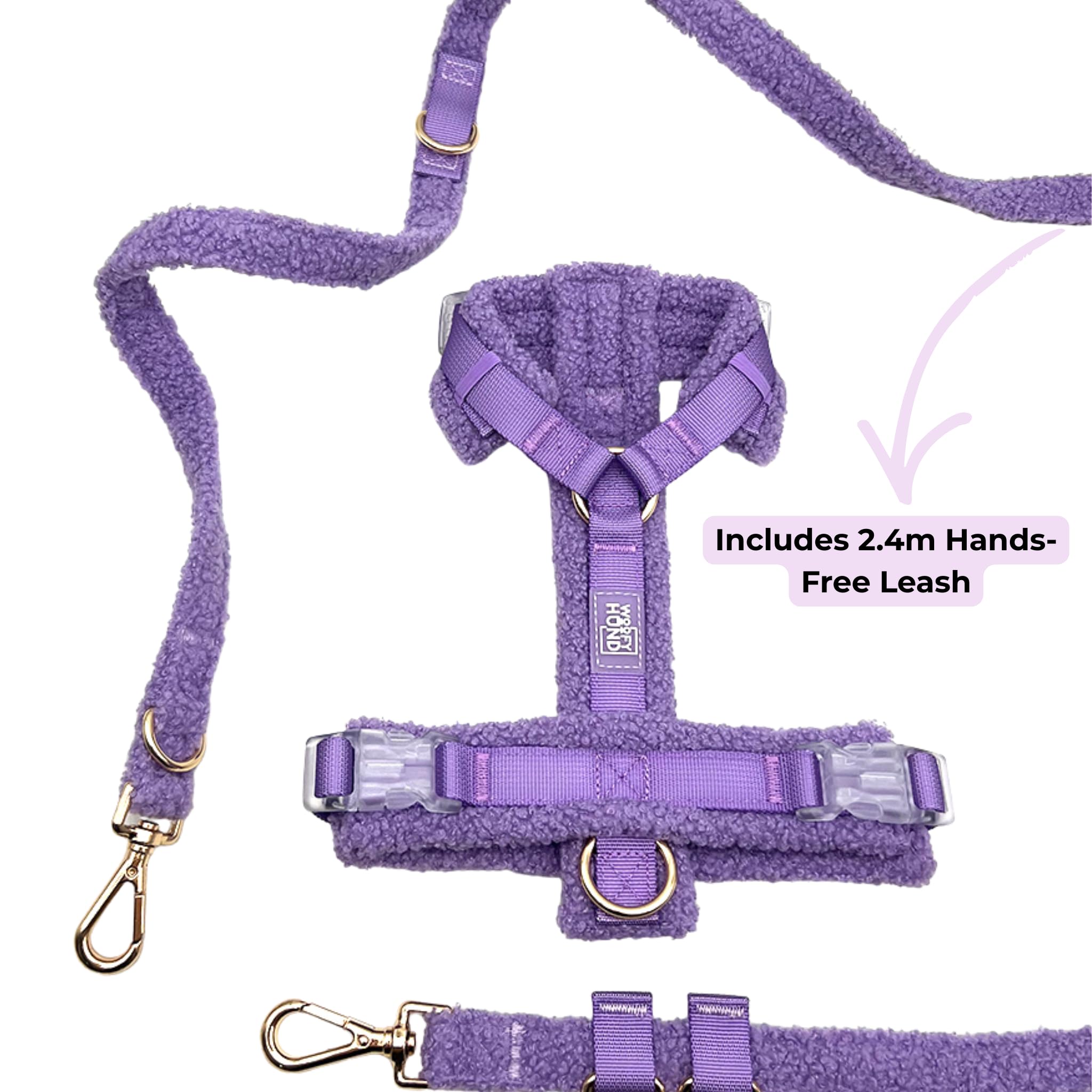 Hundegeschirr Set mit Hands-Free Leine – Gepolstertes Y Brustgeschirr für Hunde aus Teddy-Stoff, 4-Fach verstellbar, Anti-Zug Laufgeschirr zum Joggen & Spazieren für kleine & große Hunde (Lila, M)