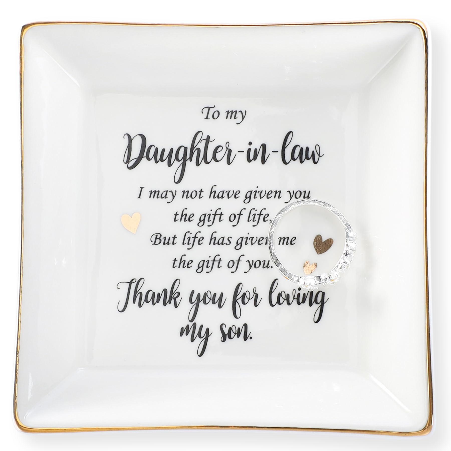 HOME SMILE Mothers Day Gifts for Daughter in Law Ceramic Ring Jewelry Dish Tray Plate for Birthday Christmas Valentines Wedding-Thank You for Loving My Son