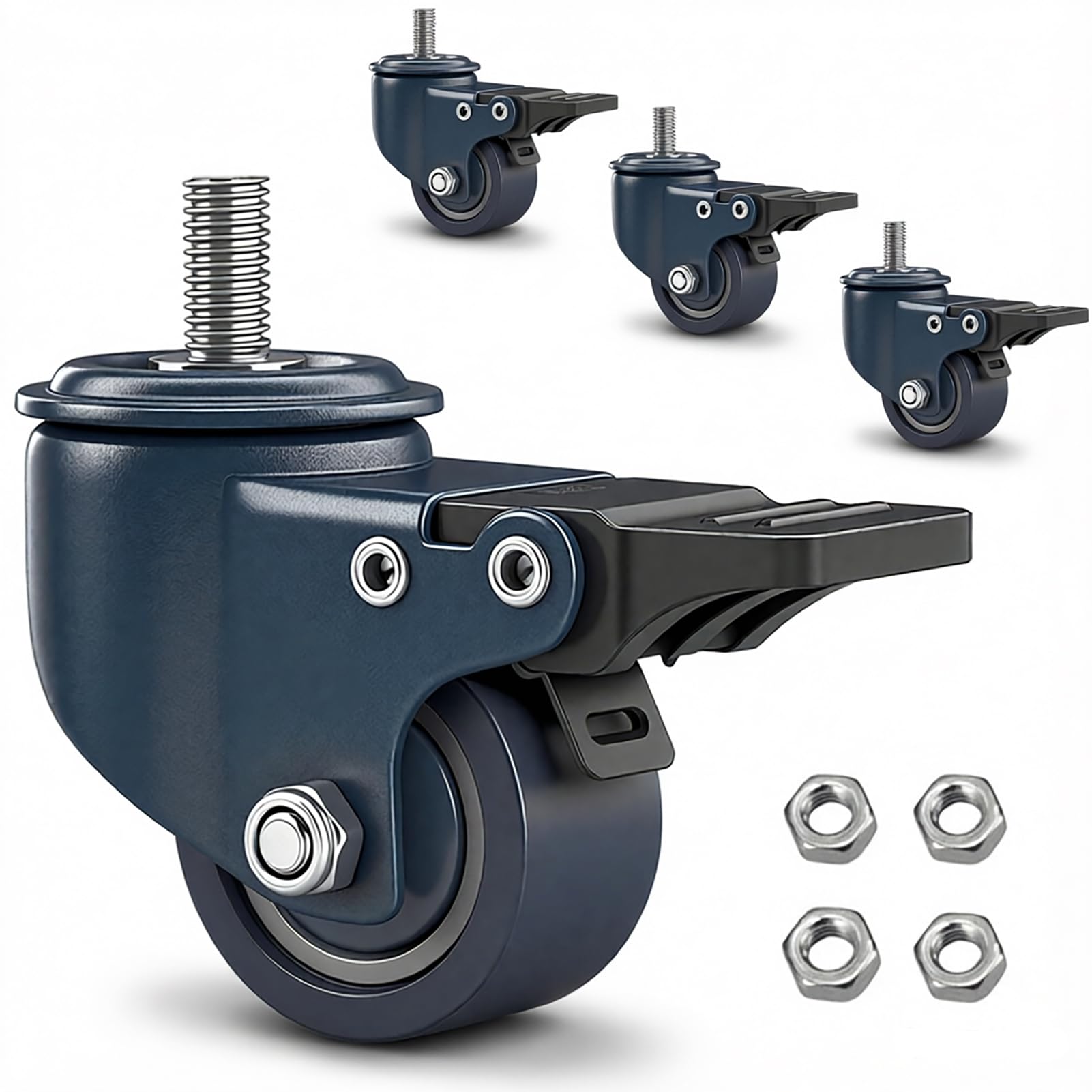 Nfbcxutkw 5 M8 Stem 1.6 Inch Caster Wheels, Metric M8-1.2 Threaded Stem Casters Set Of 4 Heavy Duty 450Lbs Load, Locking Brake Swivel Small Castor Wheels For Furniture Carts Wire Shelving Workbench