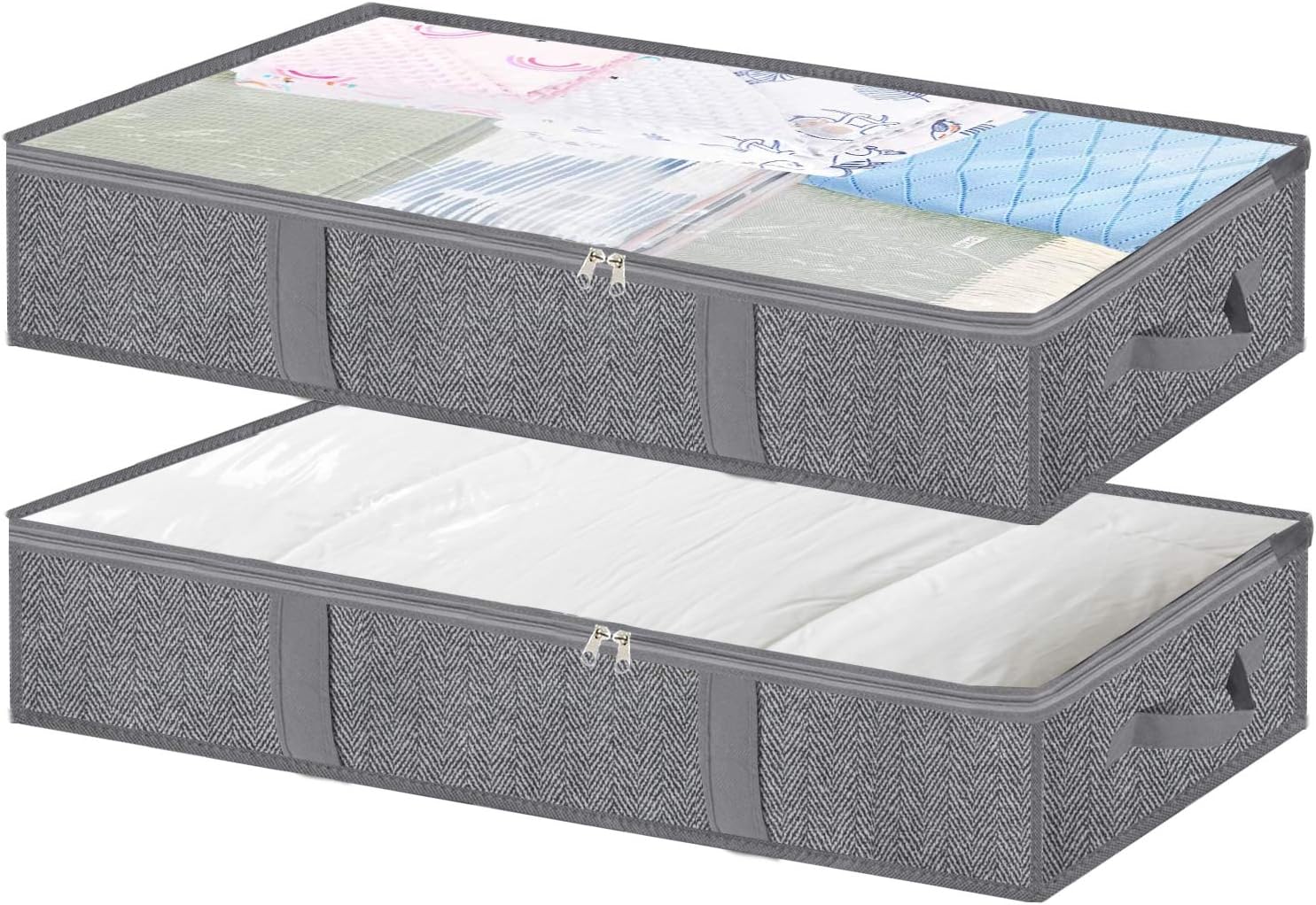 Under the Bed Storage Bags Container,Foldable Large Capacity Underbed Bins Organizer with 4 Strong Handles,2 Sturdy Zippers and Clear Window for Blanket Comforter Clothing Bedding