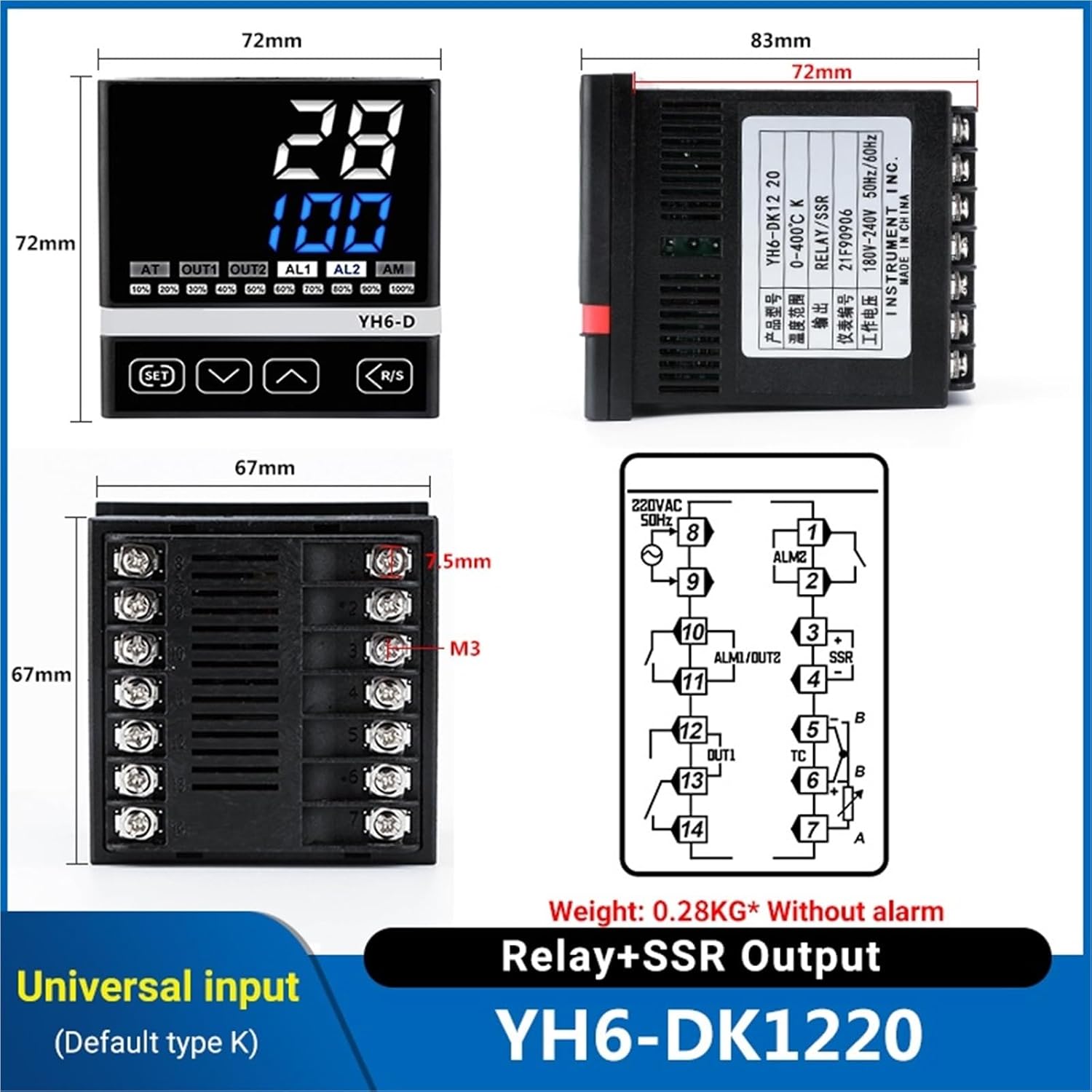 1Pcs Digital PID Intelligent Temperature Controller YH6-AK1220/BK1220/DK1220/EK1220 SSR Relay Dual Output 4-20mA Thermoregulator(YH6-DK1220)