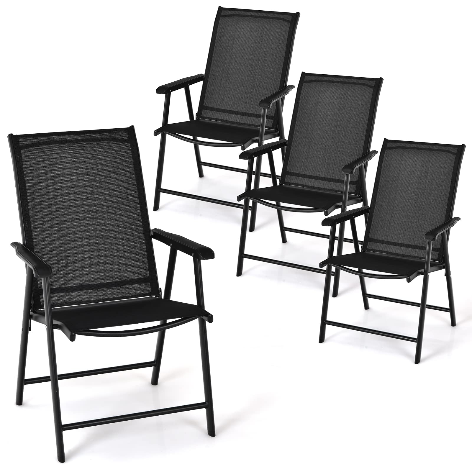 TANGZON Folding Garden Dining Chairs Set of 2/4, Foldable Outdoor Armchairs with High Back & Armrests, Portable Bistro Patio Chairs for Lawn Backyard Balcony Camping (4PCS, Black Frame, Black)