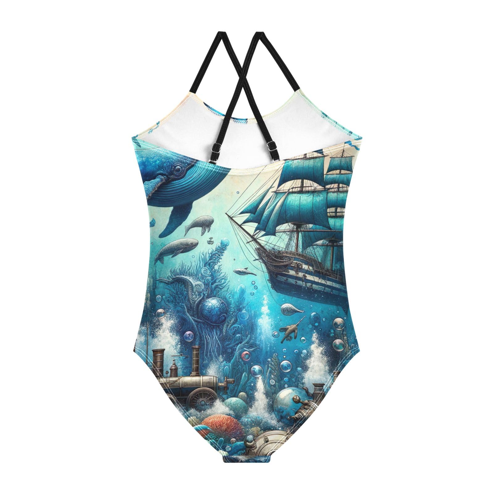 CHIFIGNO Fantasy Vintage Ocean Lives Girls Bathing Suit Quick Dry Crossback One Piece Swimming Suit with Adjustable Strap 5-6 Years
