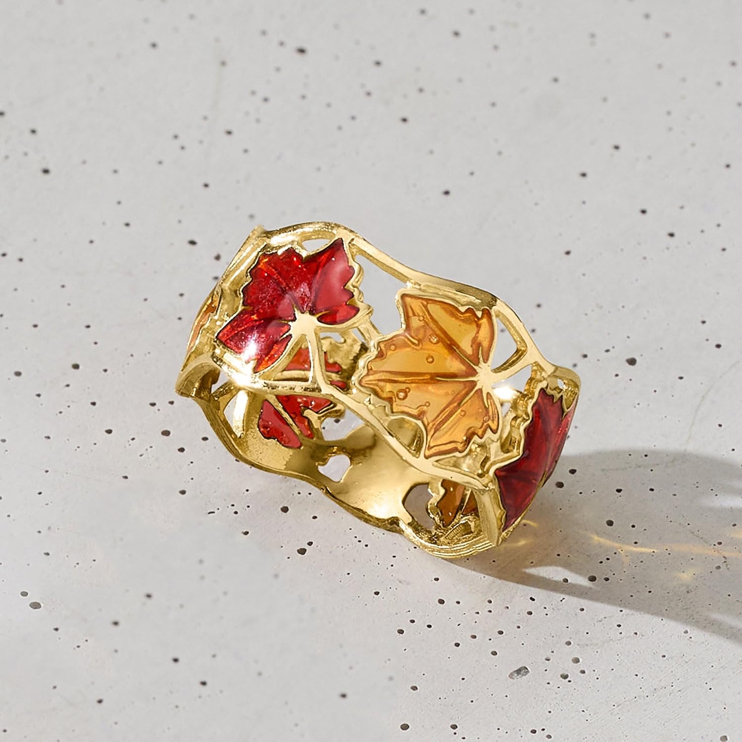 Ross-Simons Italian Red and Yellow Enamel Leaf Ring in 14kt Yellow Gold