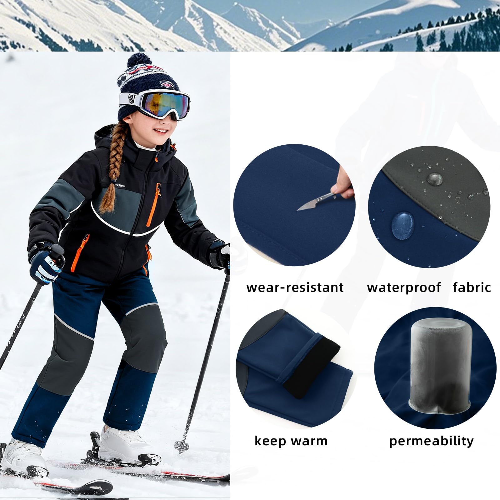MEILONGER Pantalones de esquí para niños y niñas, pantalones de esquí, pantalones de senderismo, pantalones softshell, pantalones de exterior, resistentes al viento, cálidos, pantalones de snowboard