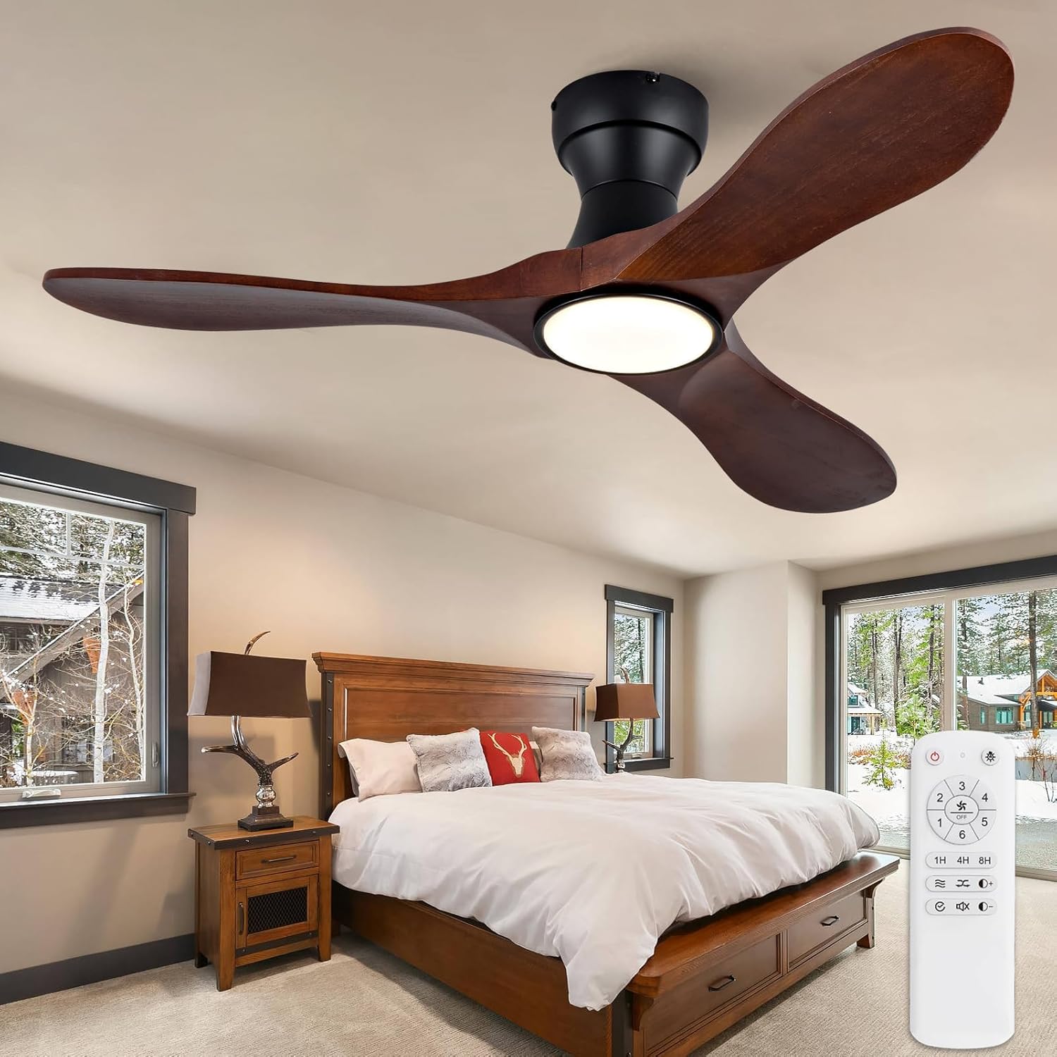 42 Inch Wood Flush Mount Ceiling Fans with Lights and Remote, Dimmable 5 Blade Wood Bedroom Ceiling Fan Outdoor Ceiling Fans for Patios Low Profile Ceiling Fan with Light for Bedroom