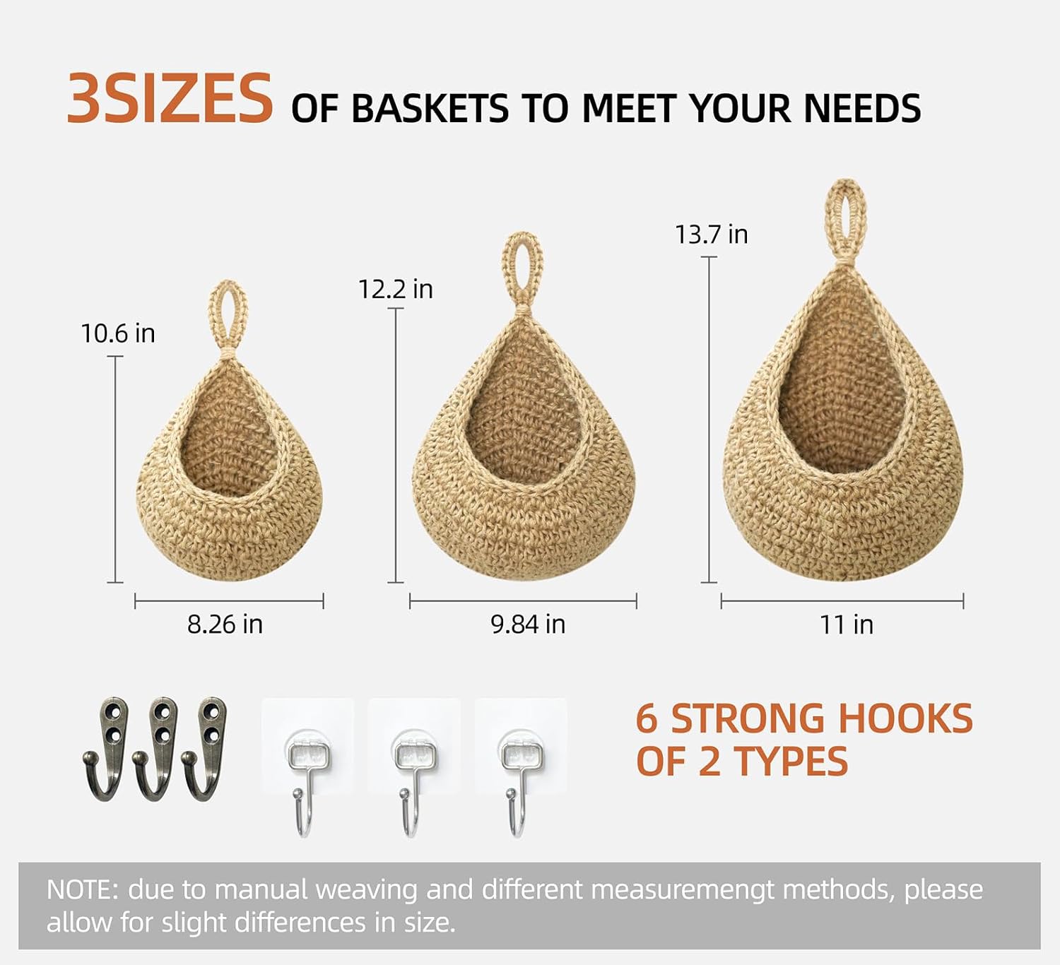 Hanging Baskets Set, 3 Pcs Boho Wall Hanging Basket with 6 Pcs Strong Hooks, Hand-Woven, Drop Molding, Used In Living Room or kitchen To Store Fruit and Vegetable And Potted Plants (Linen)