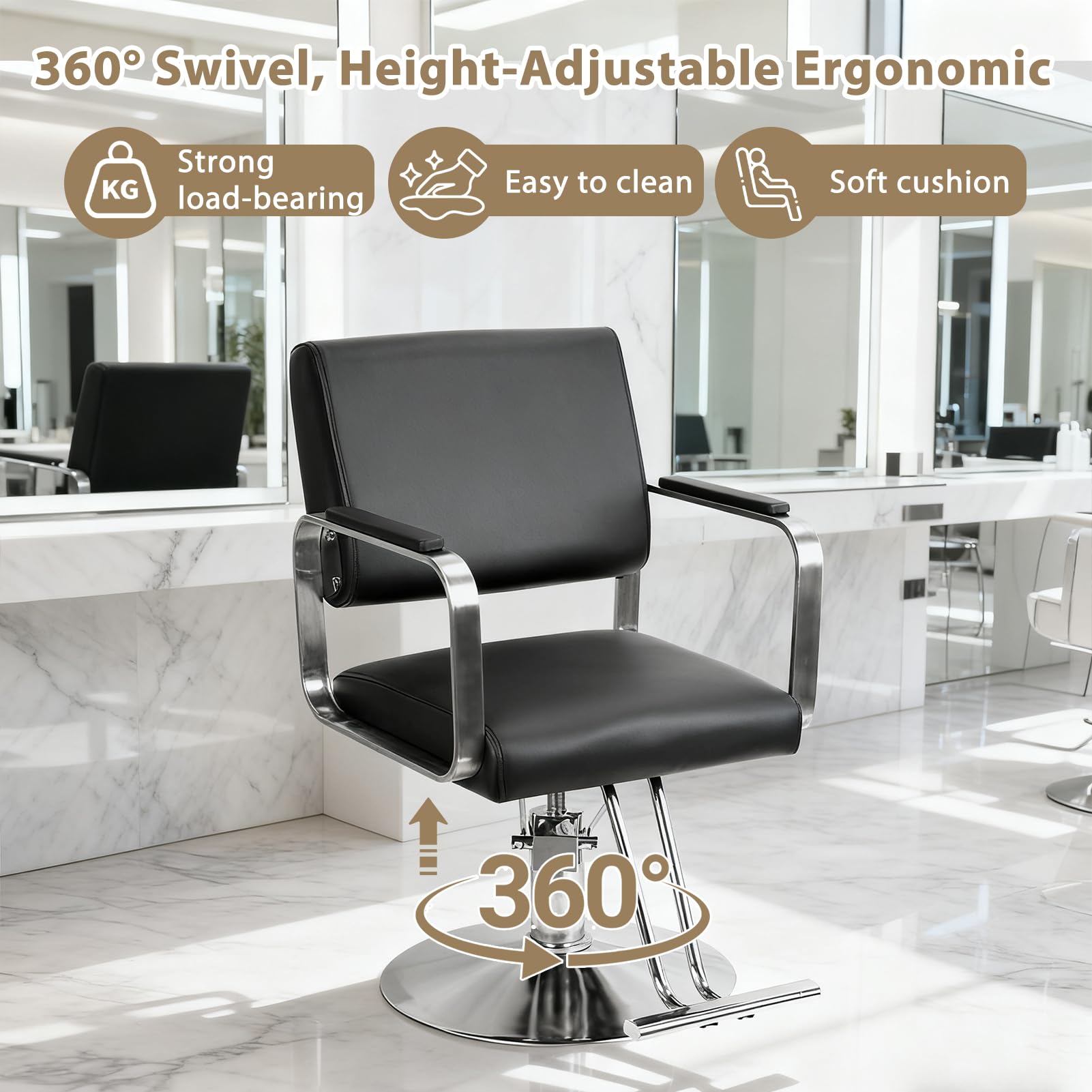 Hydraulischer Friseurstuhl für Barbershop & Salon – Höhenverstellbar & 360° Drehbar, PU-Leder-Oberfläche,Bedienungsstuhl belastbar bis 150kg, Ideal für Barbershop, Salon ﻿ (Schwarz)