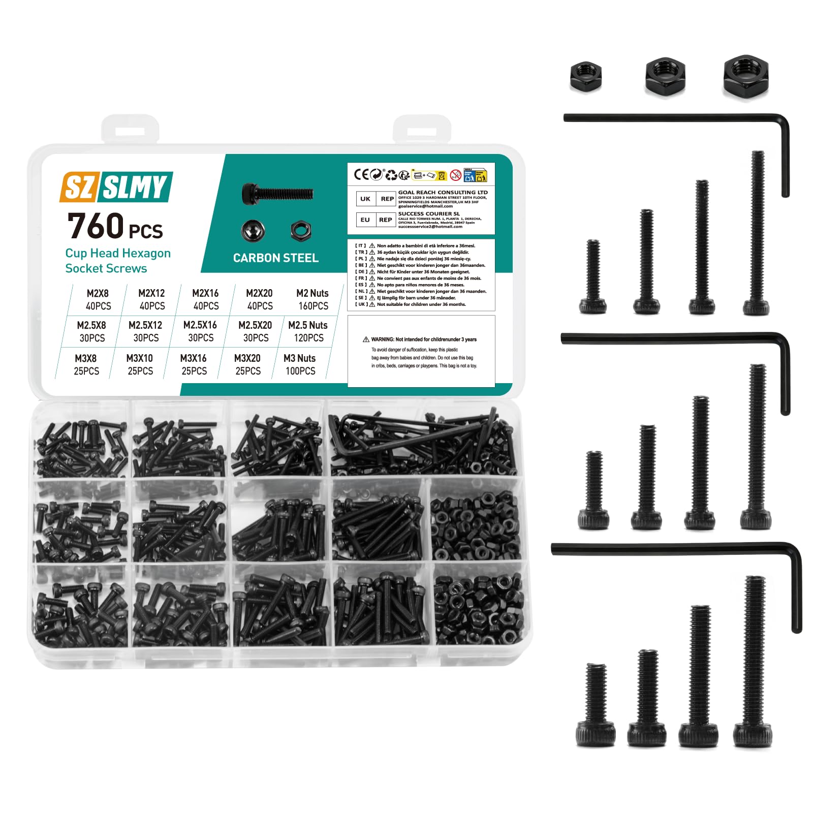 760 pieces M2M2.5M3 black carbon steel cylindrical hexagon bolt nut set