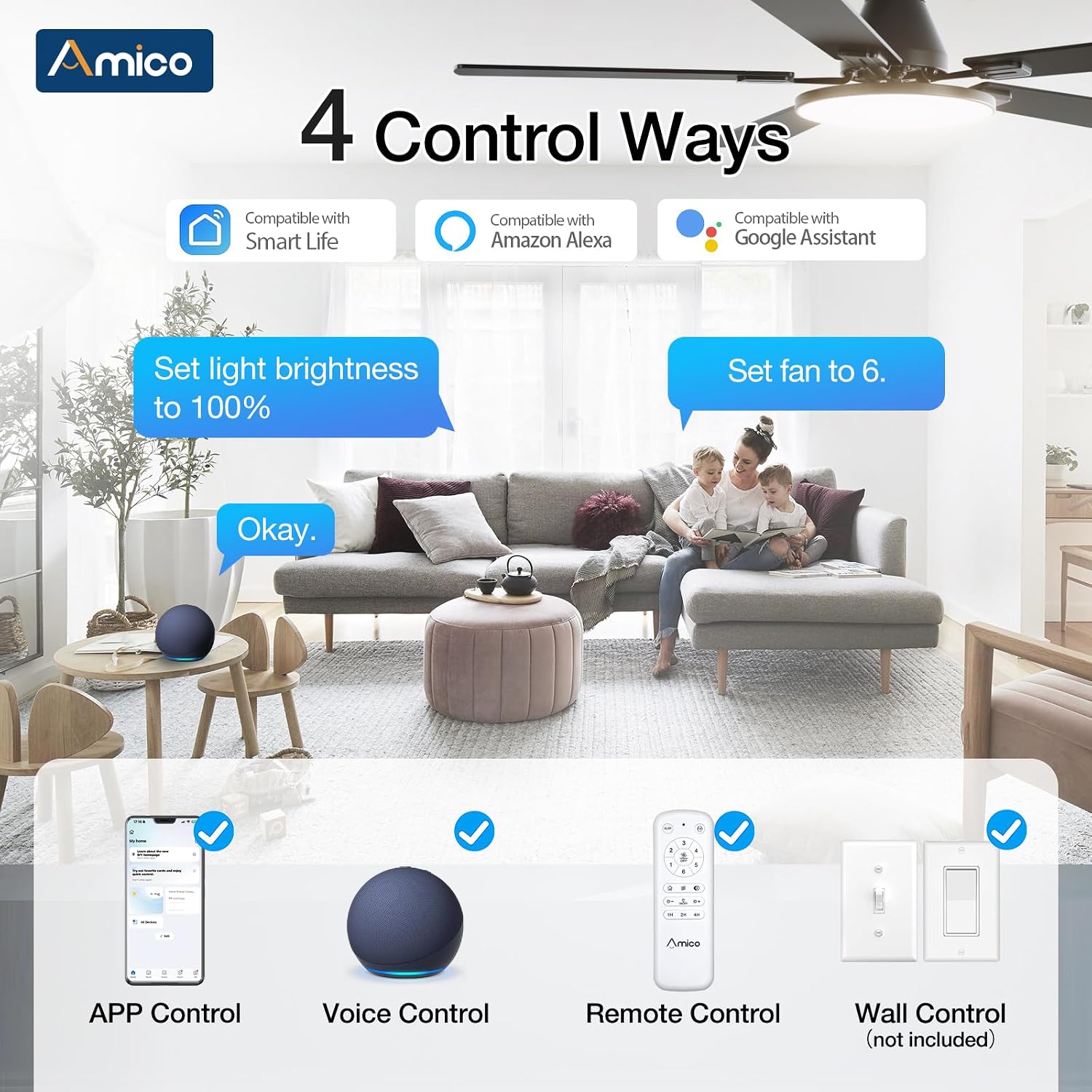 Amico 52 Inch Smart Ceiling Fans with Lights, Flush Mount, Black image 2