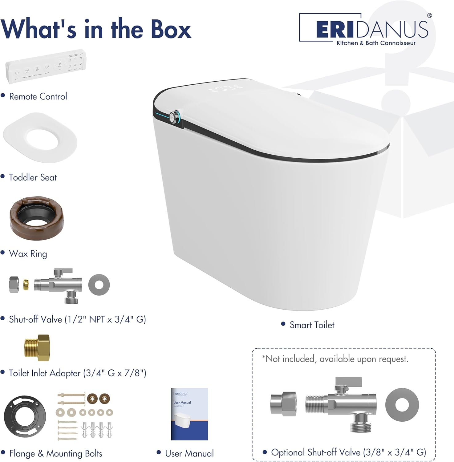 Image showing the contents of the Eridanus Smart Toilet box, including the smart toilet unit, remote control, toddler seat, wax ring, shut-off valve, toilet inlet adapter, flange and mounting bolts, and user manual.